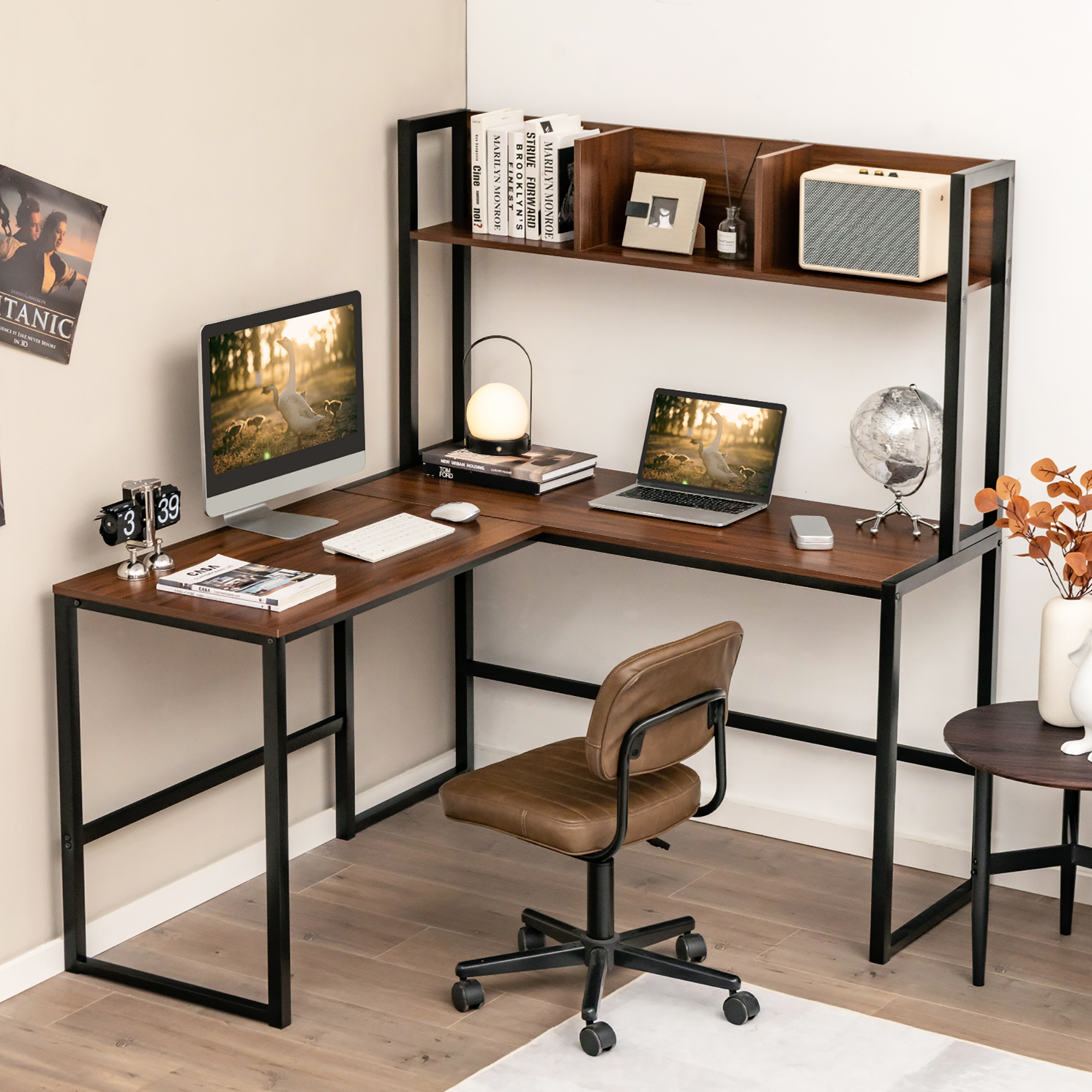 Costway 55"L-Shaped Desk Corner Computer Desk Writing Workstation Table w/Hutch - Picture 13 of 21