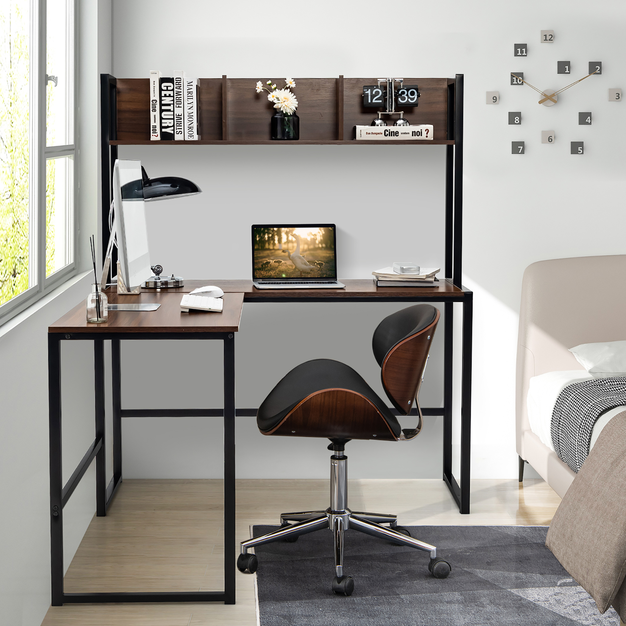 Costway 55"L-Shaped Desk Corner Computer Desk Writing Workstation Table w/Hutch - Picture 14 of 21