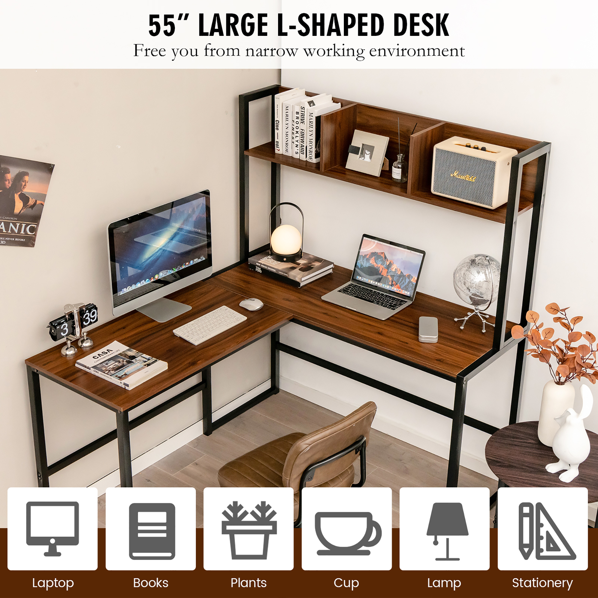 Costway 55"L-Shaped Desk Corner Computer Desk Writing Workstation Table w/Hutch - Picture 17 of 21