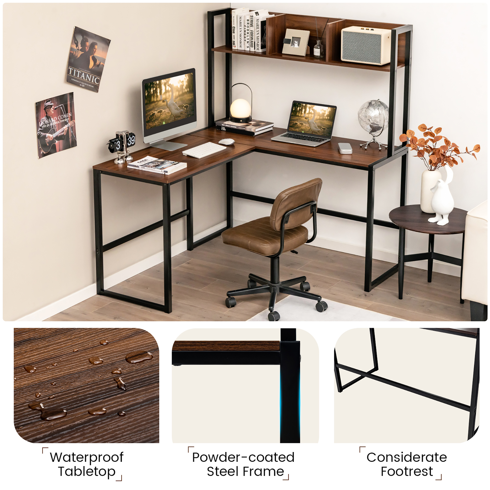 Costway 55"L-Shaped Desk Corner Computer Desk Writing Workstation Table w/Hutch - Picture 19 of 21