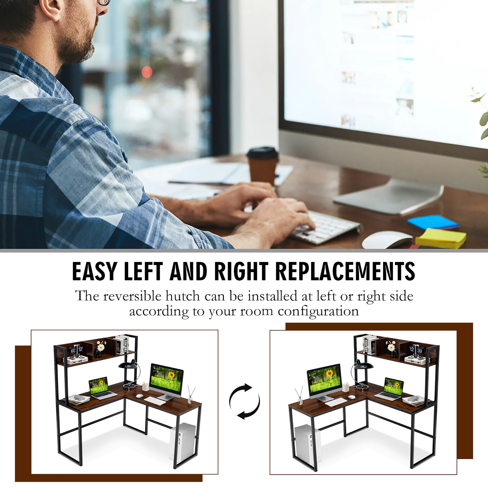 Costway 55"L-Shaped Desk Corner Computer Desk Writing Workstation Table w/Hutch - Picture 20 of 21