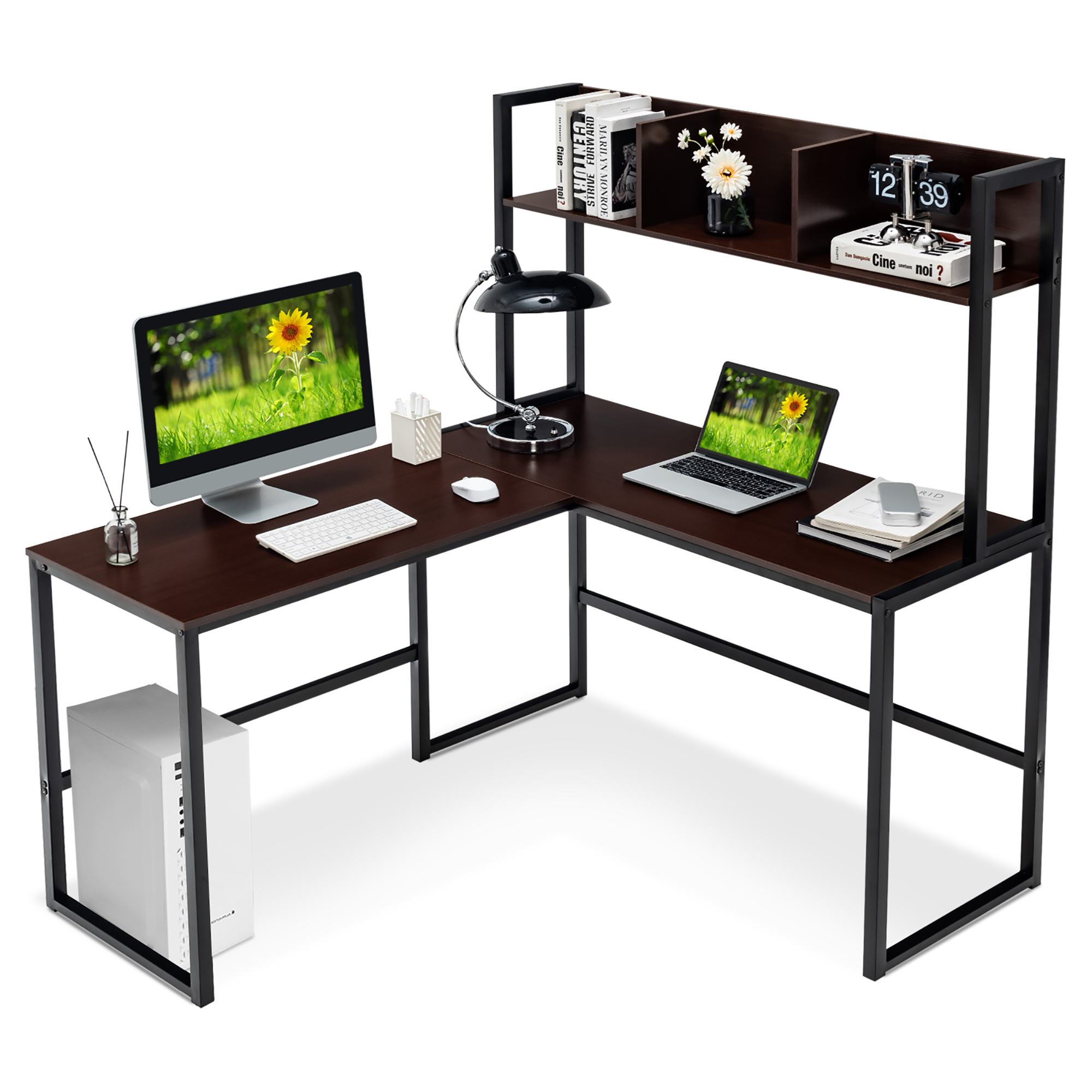Costway 55"L-Shaped Desk Corner Computer Desk Writing Workstation Table w/Hutch - Picture 2 of 21