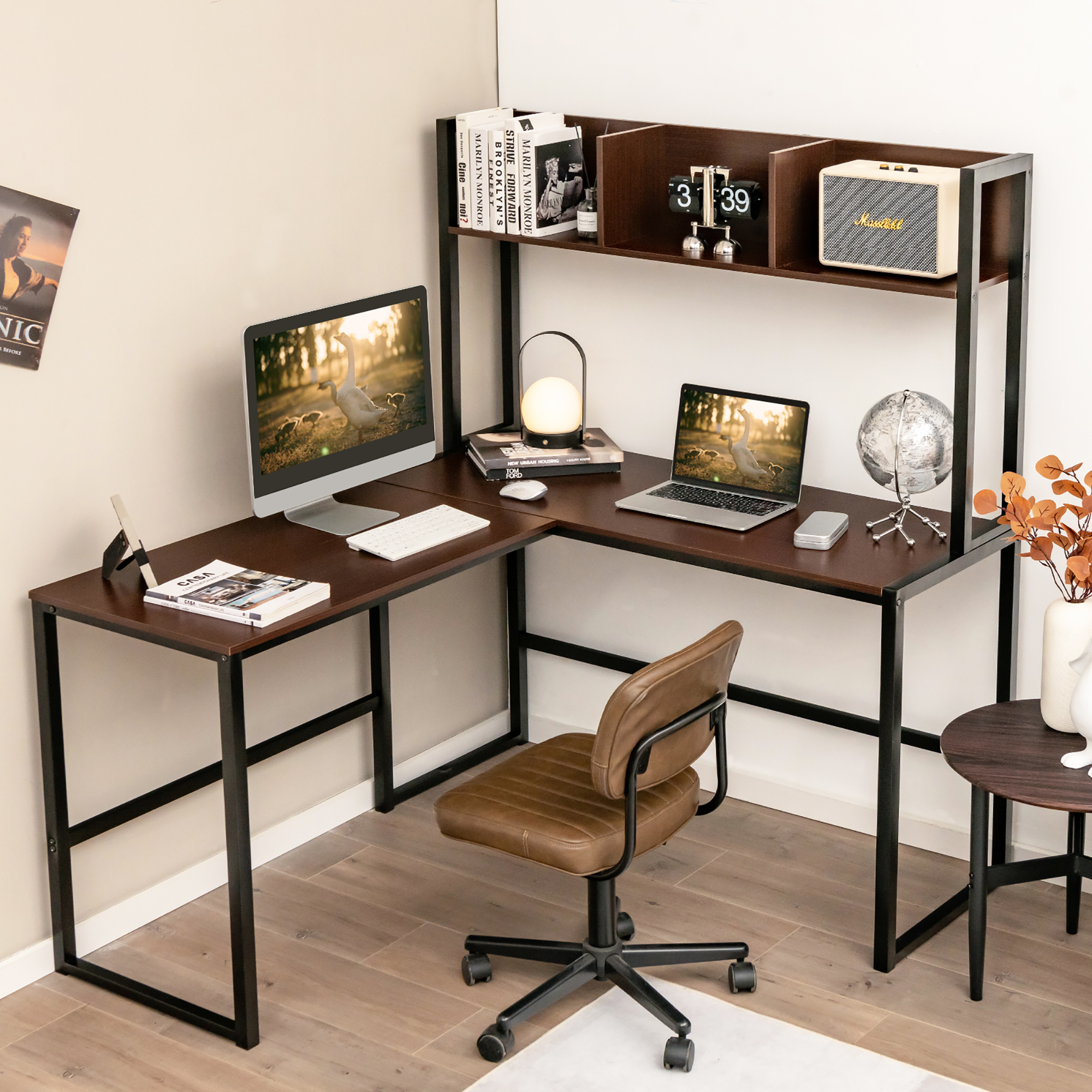 Costway 55"L-Shaped Desk Corner Computer Desk Writing Workstation Table w/Hutch - Picture 3 of 21