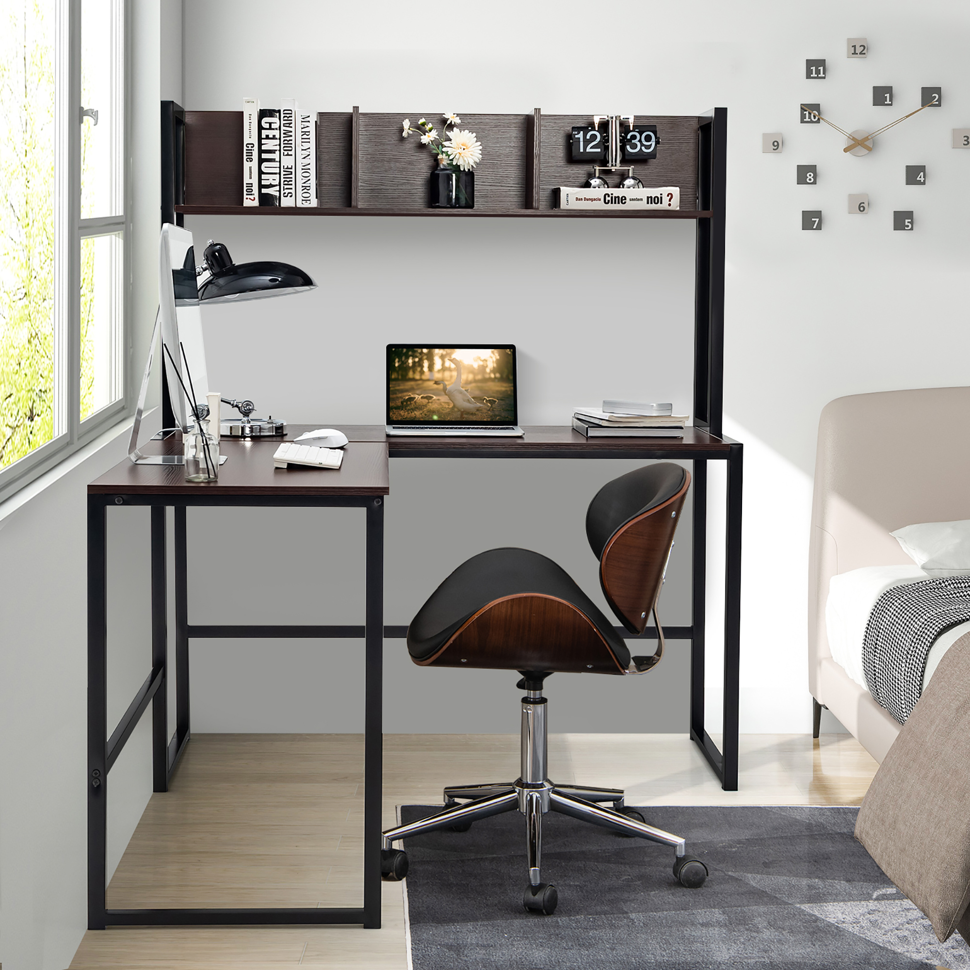 Costway 55"L-Shaped Desk Corner Computer Desk Writing Workstation Table w/Hutch - Picture 4 of 21