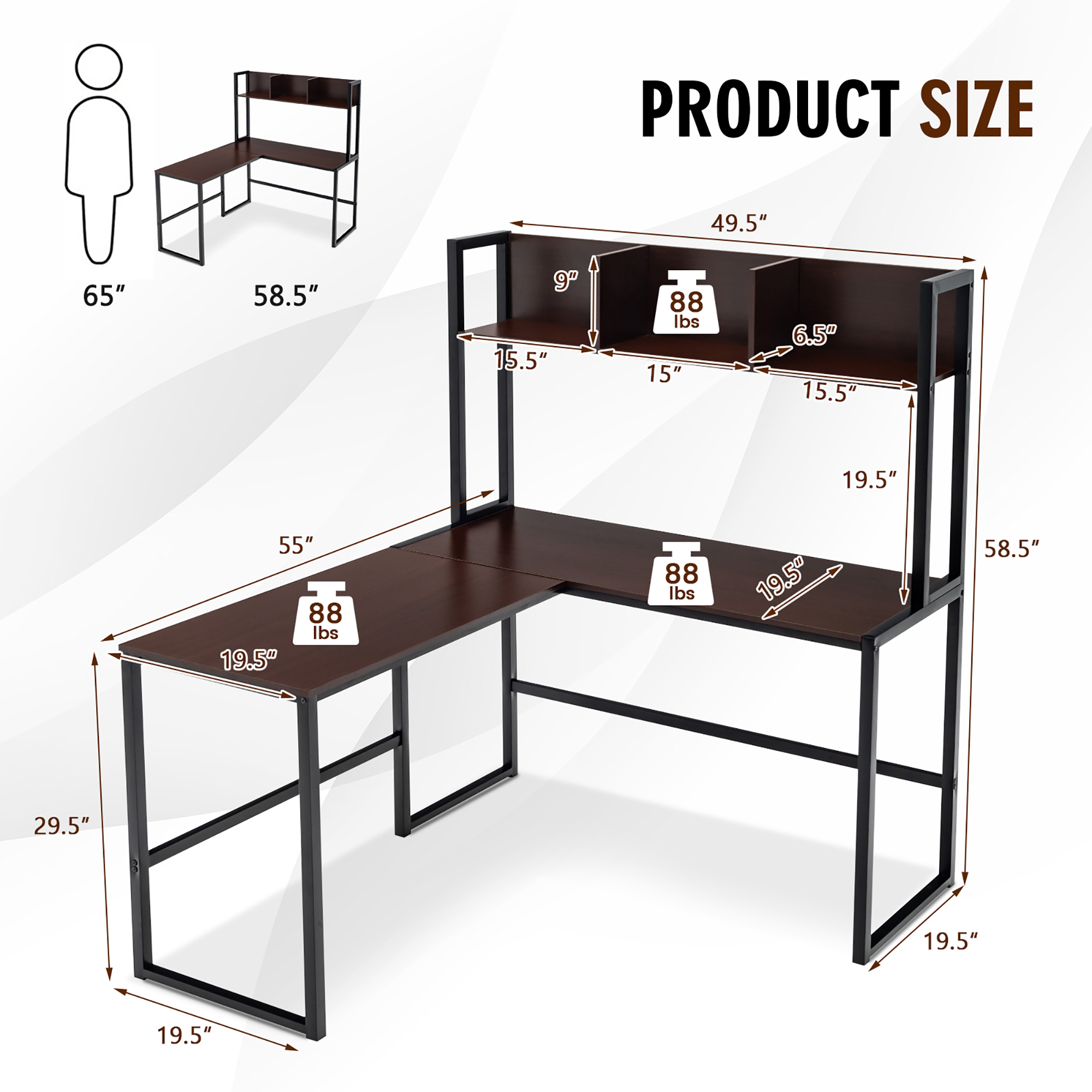 Costway 55"L-Shaped Desk Corner Computer Desk Writing Workstation Table w/Hutch - Picture 5 of 21