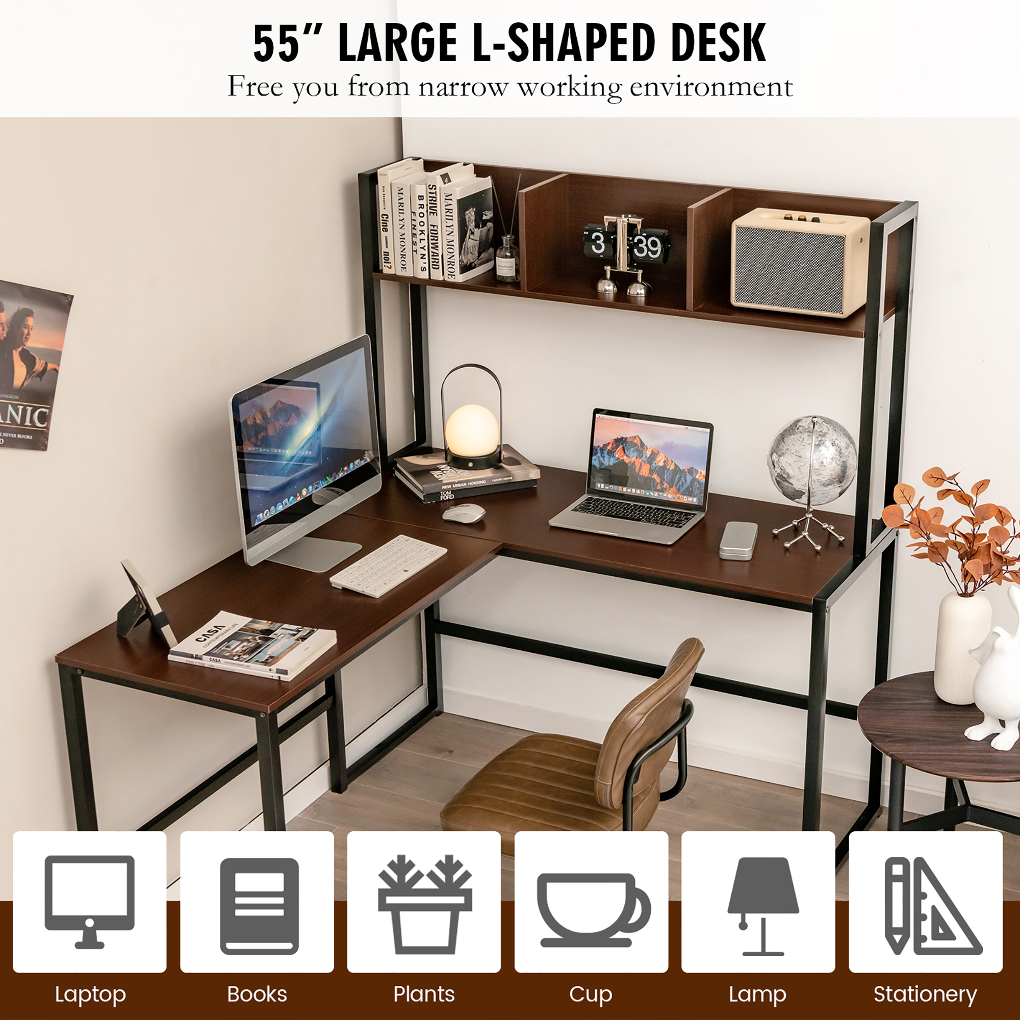 Costway 55"L-Shaped Desk Corner Computer Desk Writing Workstation Table w/Hutch - Picture 7 of 21