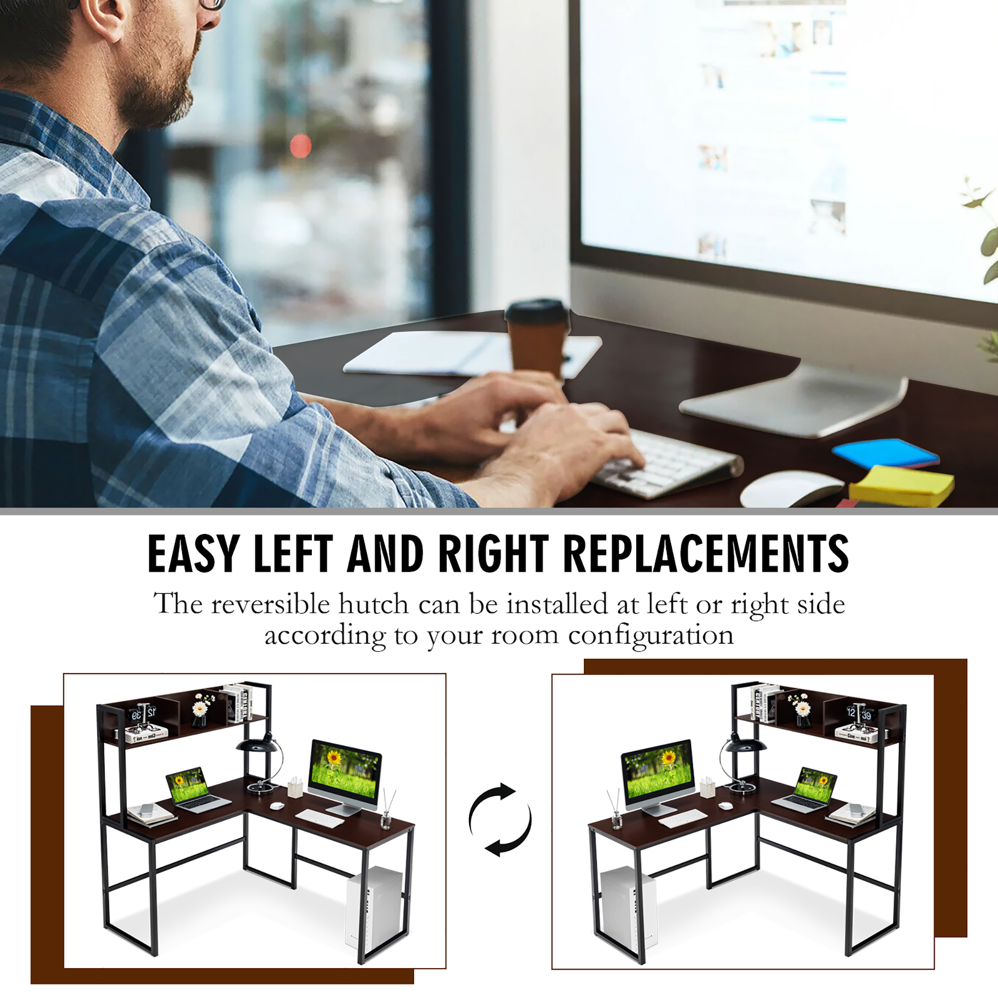 Costway 55"L-Shaped Desk Corner Computer Desk Writing Workstation Table w/Hutch - Picture 9 of 21
