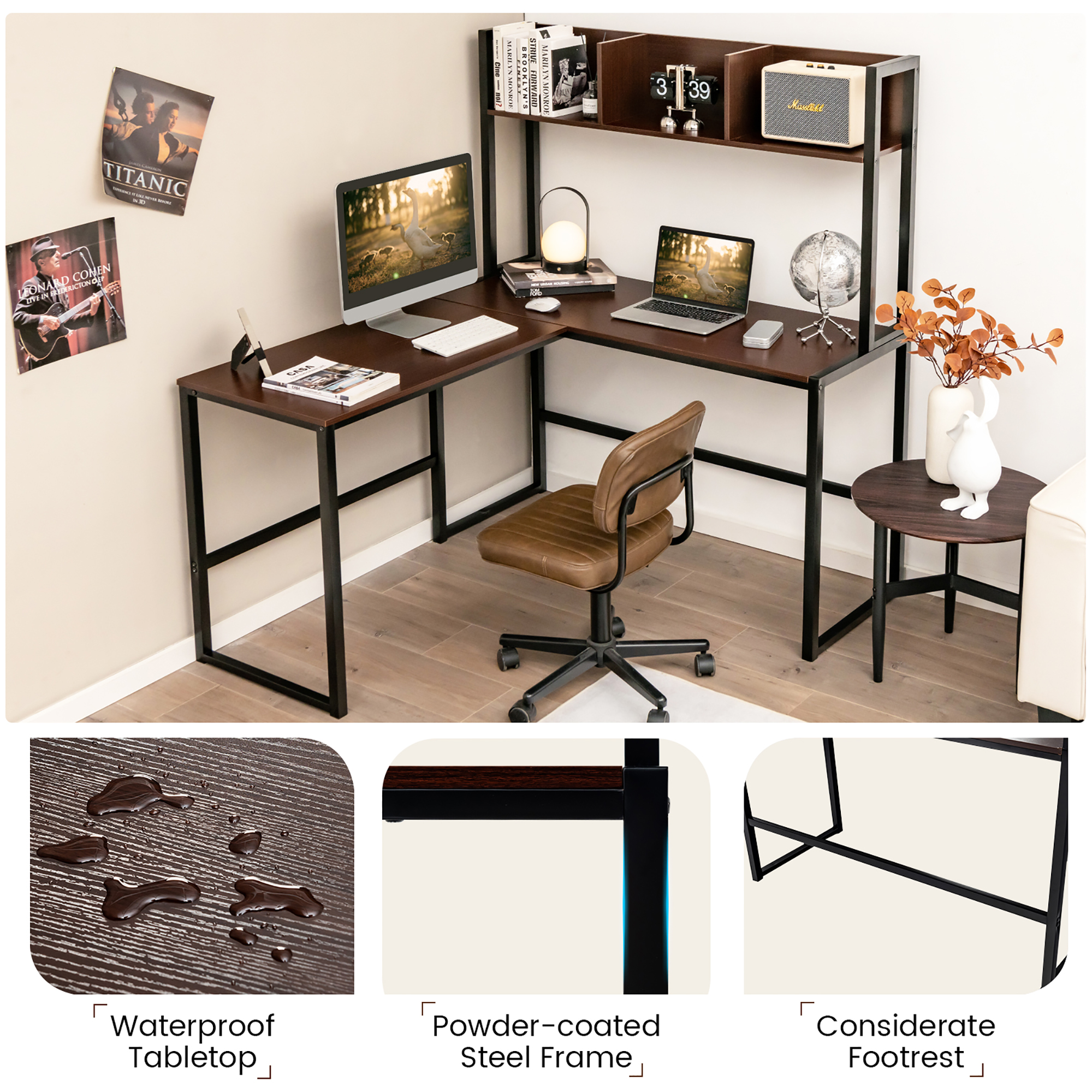 Costway 55"L-Shaped Desk Corner Computer Desk Writing Workstation Table w/Hutch - Picture 10 of 21
