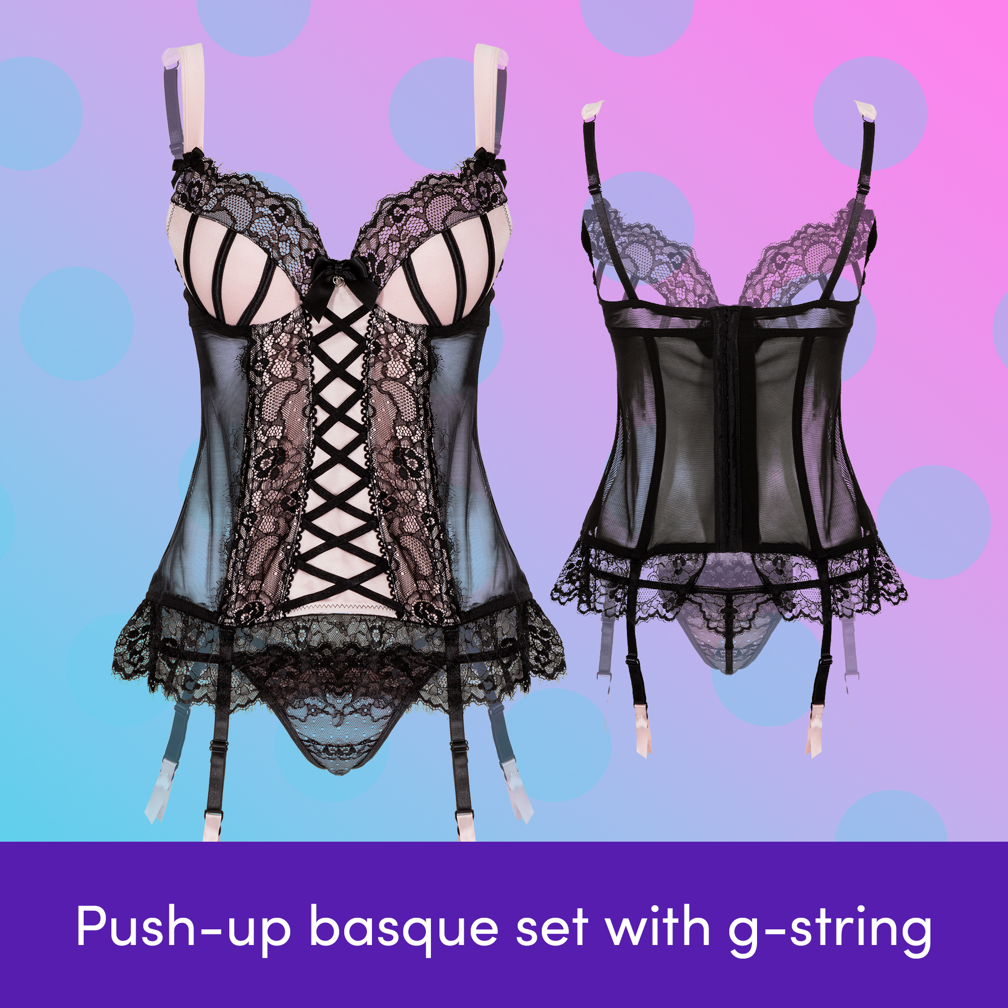 Lovehoney Womens Basque Corset Sexy Lingerie Set G-String - Black Lace - Picture 38 of 43