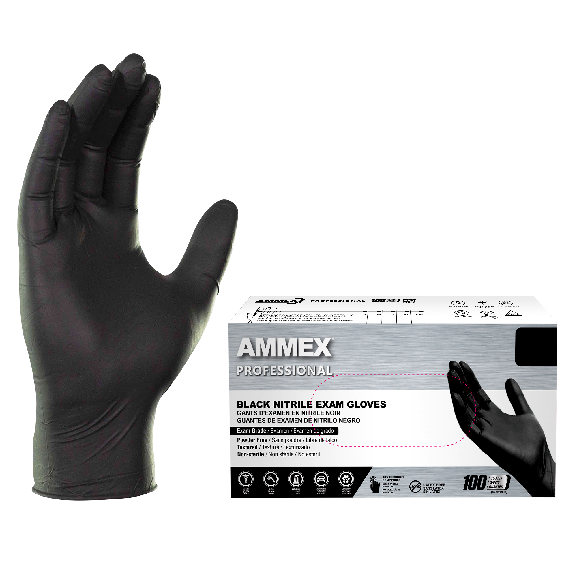 Guantes médicos/examen desechables de nitrilo negro AMMEX 3 mil, sin látex, caja de 100 - Imagen 10 de 18