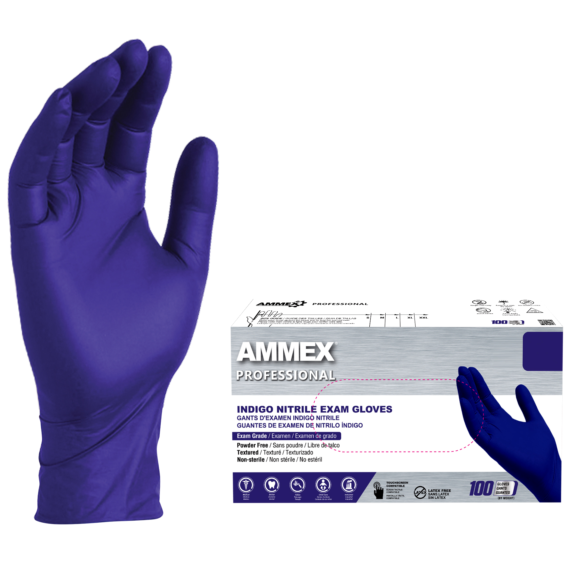 Guantes médicos/examen desechables de nitrilo índigo AMMEX 3 mil sin látex, caja de 100 - Imagen 10 de 13