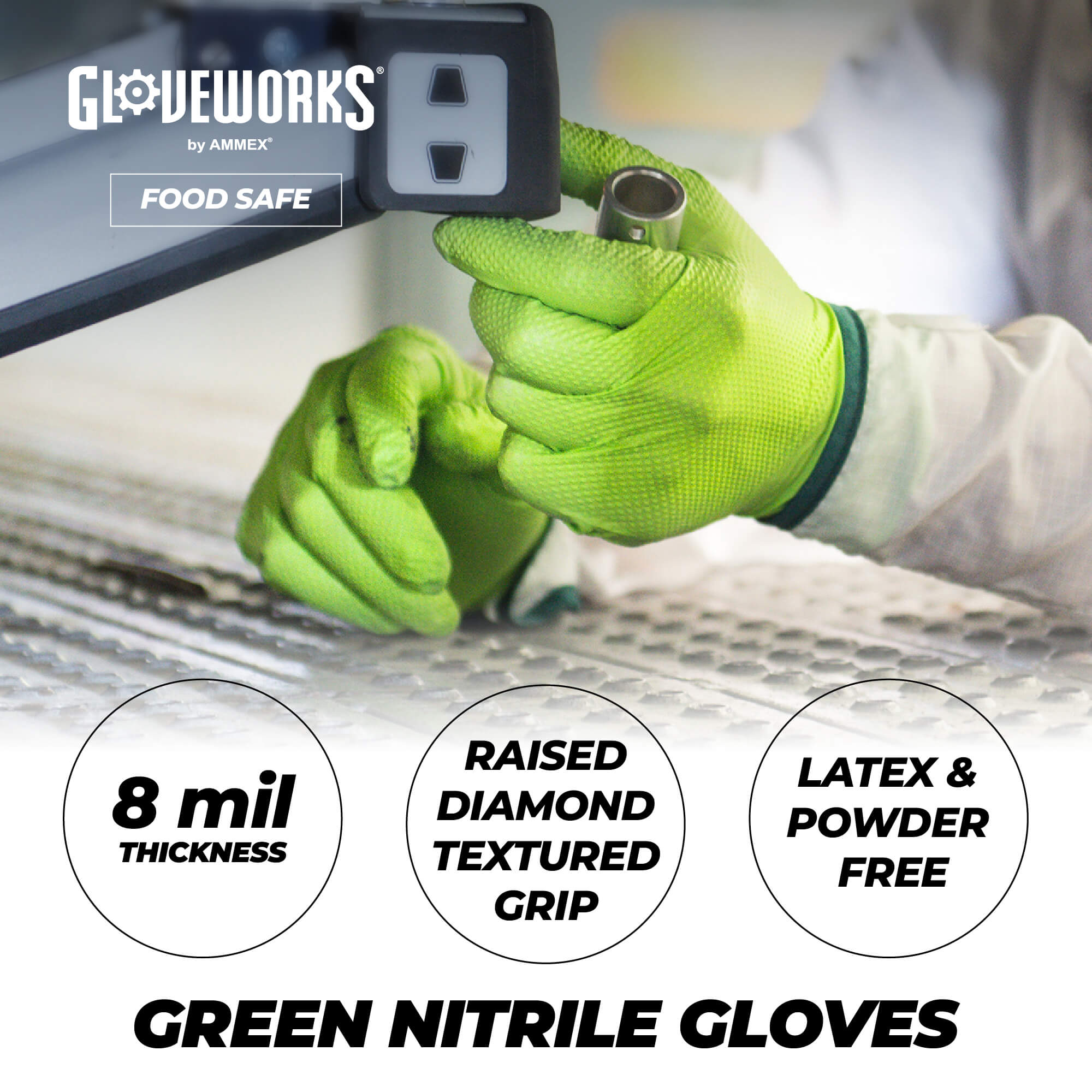Guantes industriales desechables de nitrilo verde GLOVEWORKS HD, 8 mil, estuche de 1000 - Imagen 11 de 37