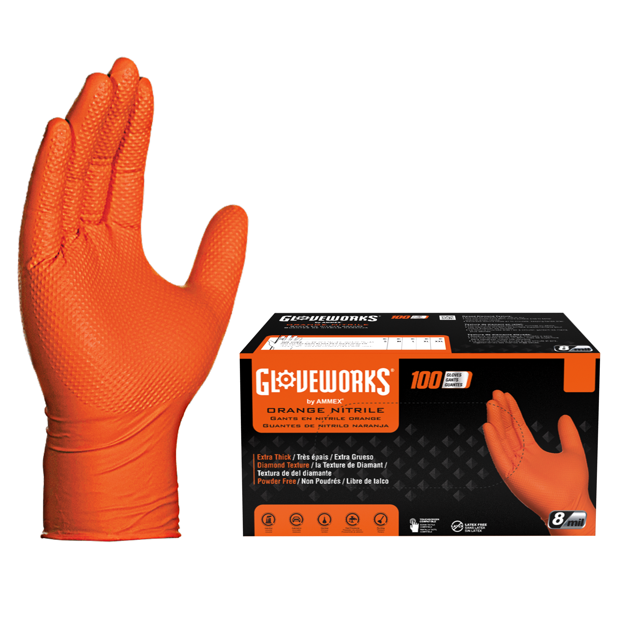 Guantes Desechables GLOVEWORKS HD Naranja Nitrilo 8 Mil Textura Diamante Elevada, 100 - Imagen 1 de 32