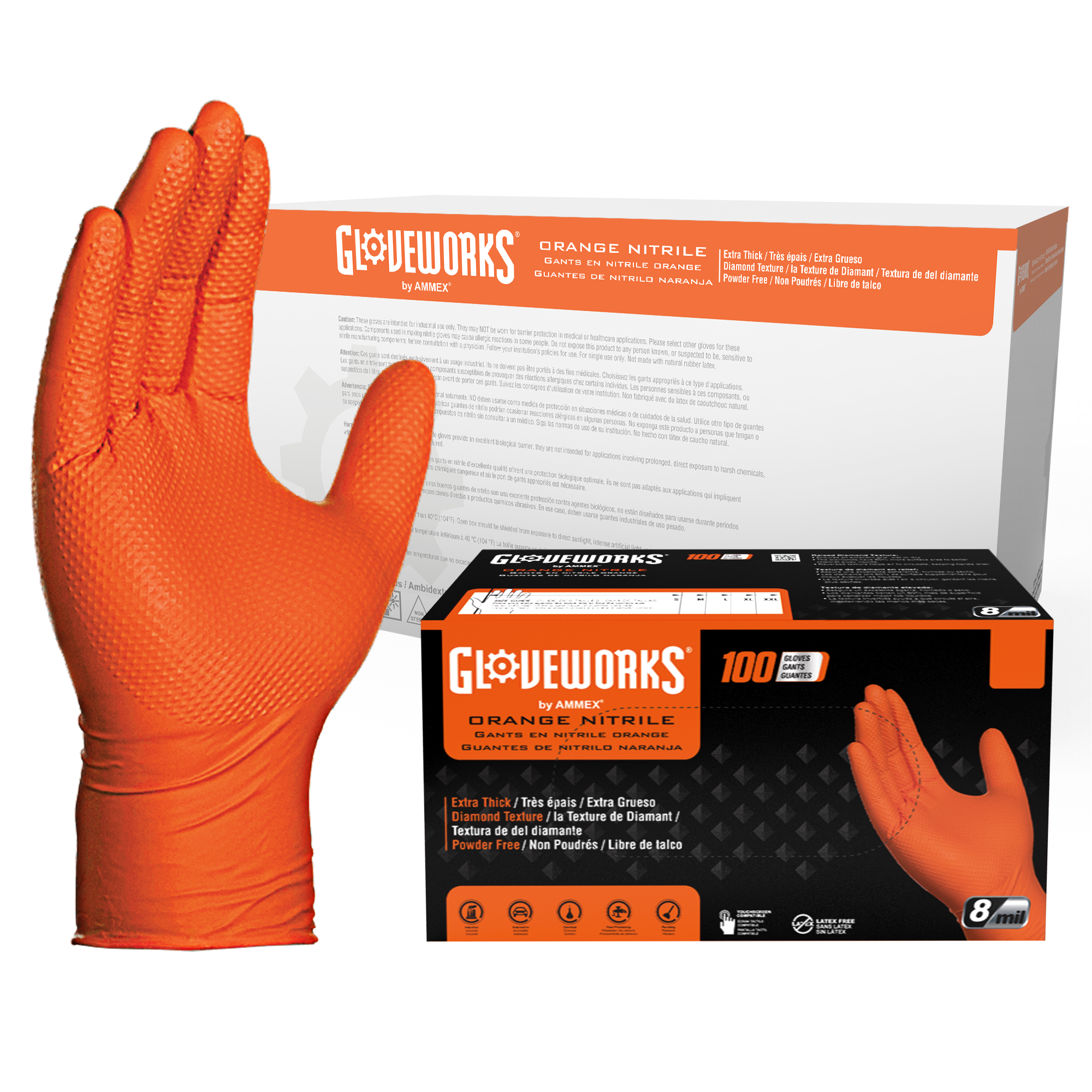 Guantes Desechables GLOVEWORKS HD Naranja Nitrilo 8 Mil Elevado Diamante Textura 1000 - Imagen 1 de 32