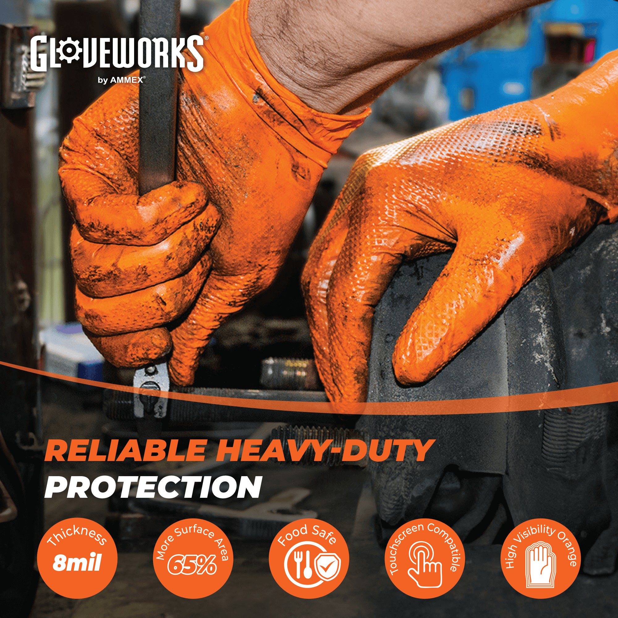 Guantes Desechables GLOVEWORKS HD Naranja Nitrilo 8 Mil Textura Diamante Elevada, 100 - Imagen 8 de 32