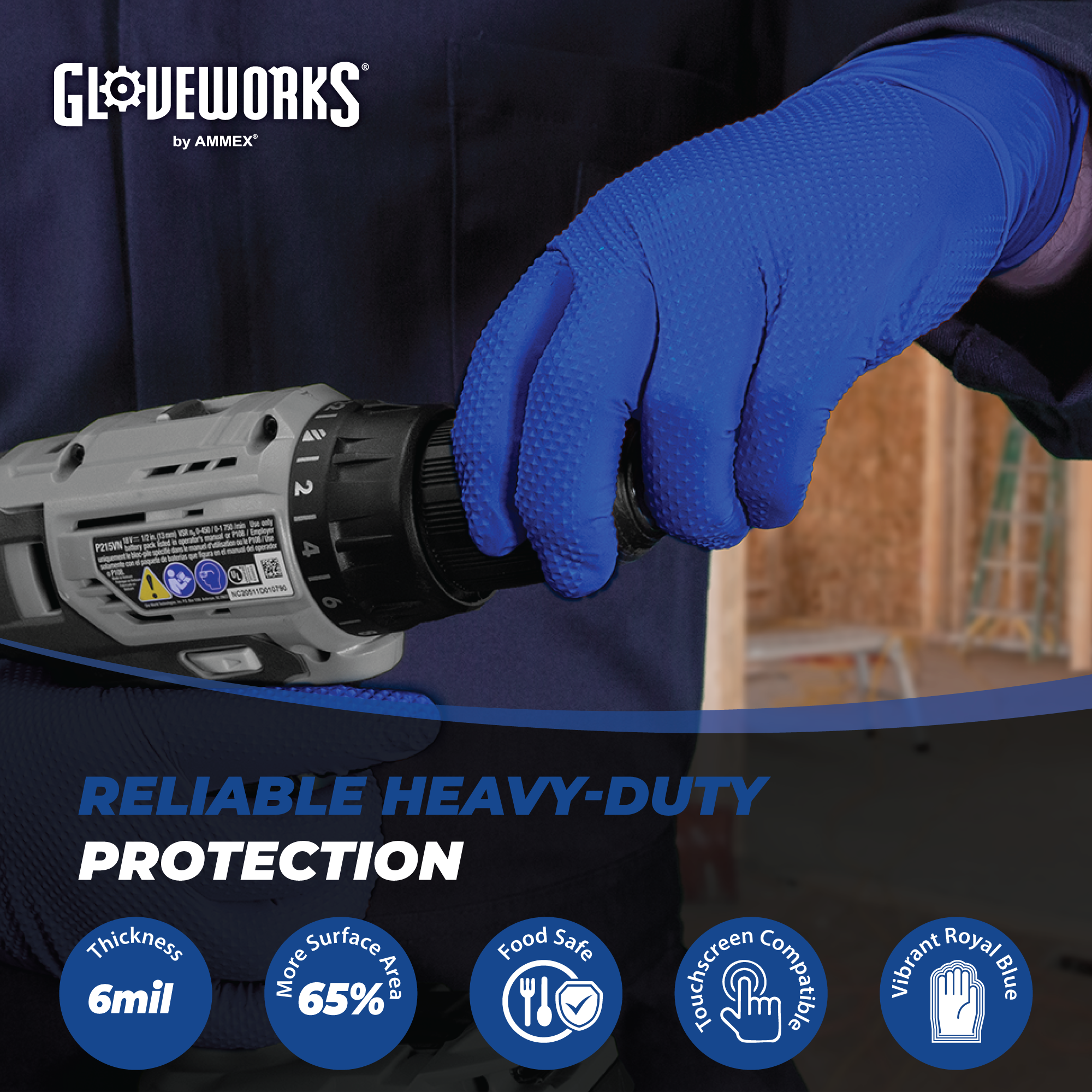 GLOVEWORKS HD 6 Mil GWRBN Latexfreie Nitril Einweghandschuhe, Blau, 1000 - Bild 11 von 33