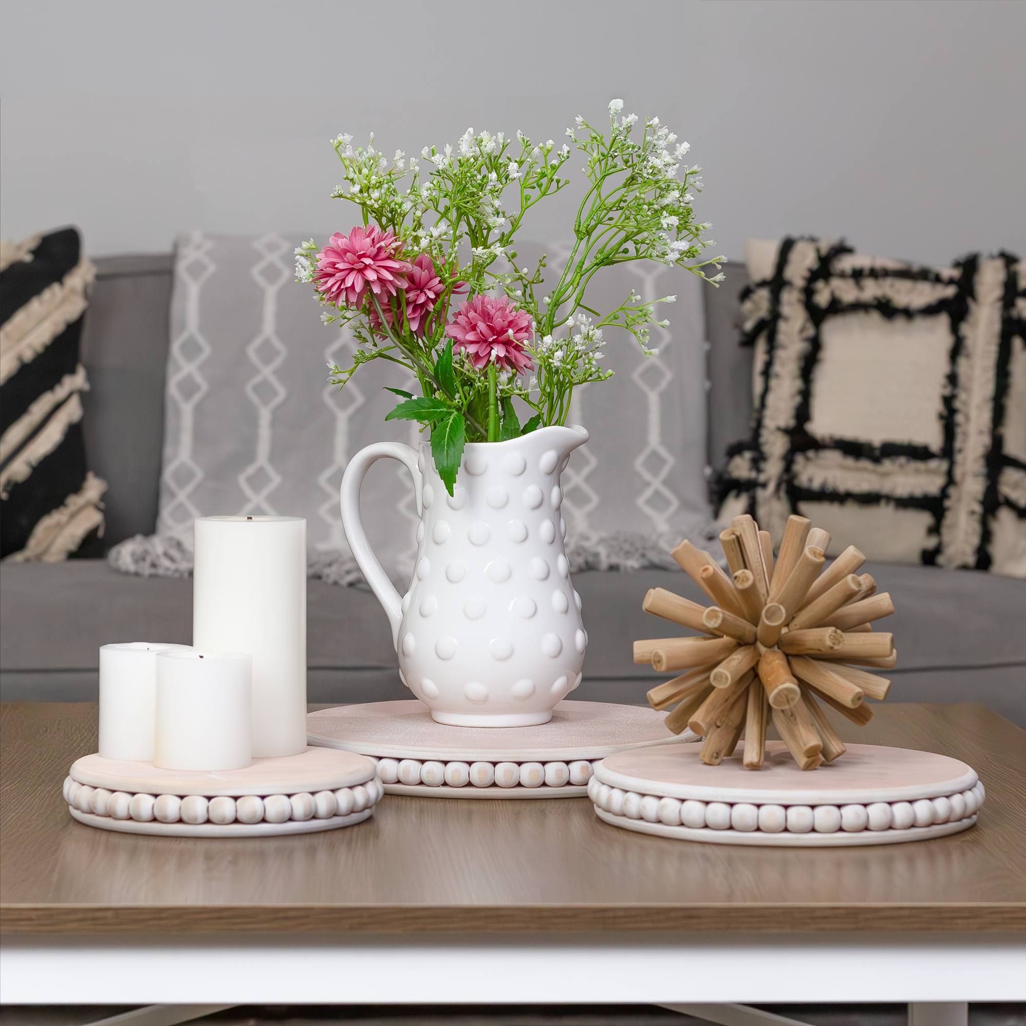 Farmhouse Pedestal Tiered Stand 3 piece Set; Rustic Beaded Tray Stack - Picture 15 of 23