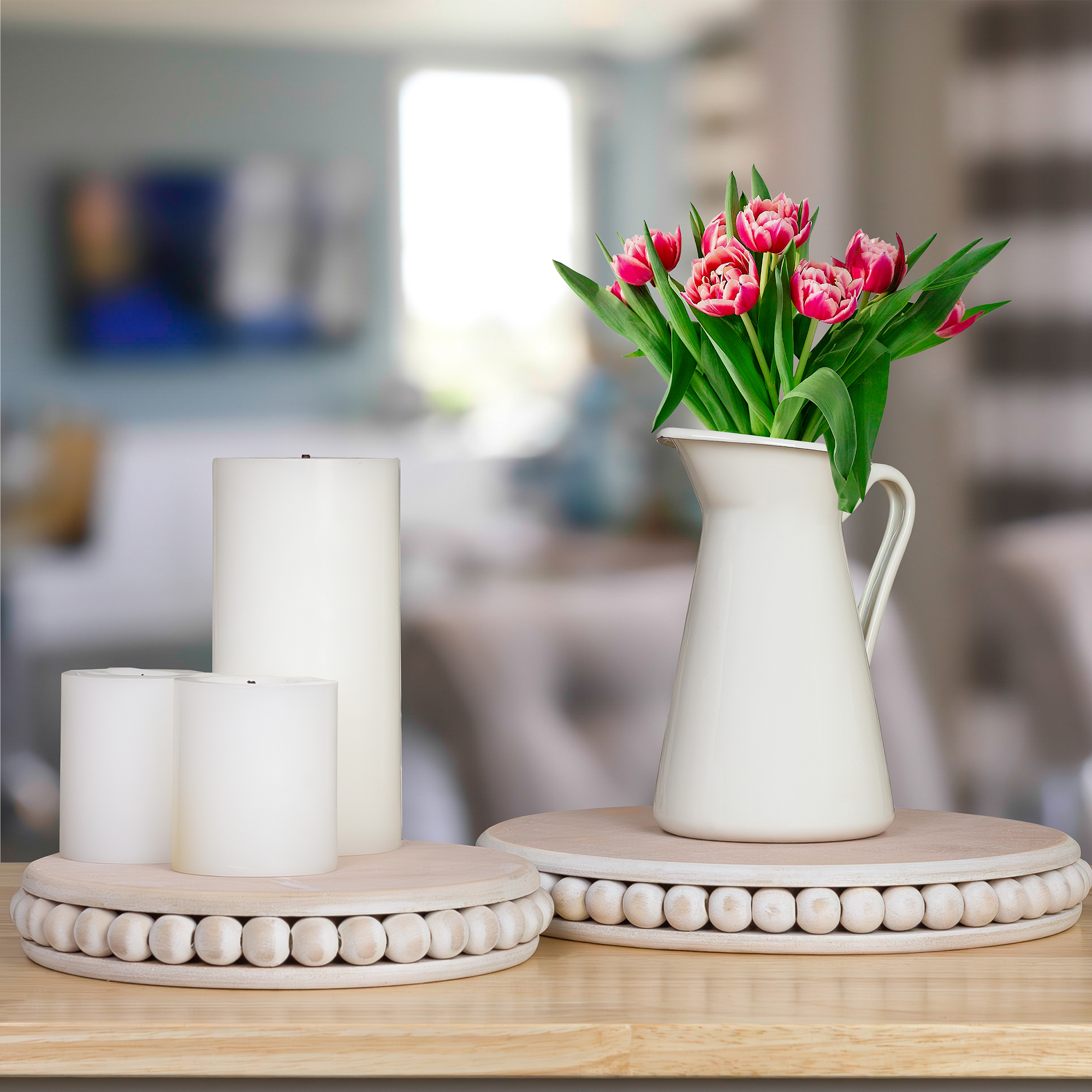 Farmhouse Pedestal Tiered Stand 3 piece Set; Rustic Beaded Tray Stack - Picture 11 of 23