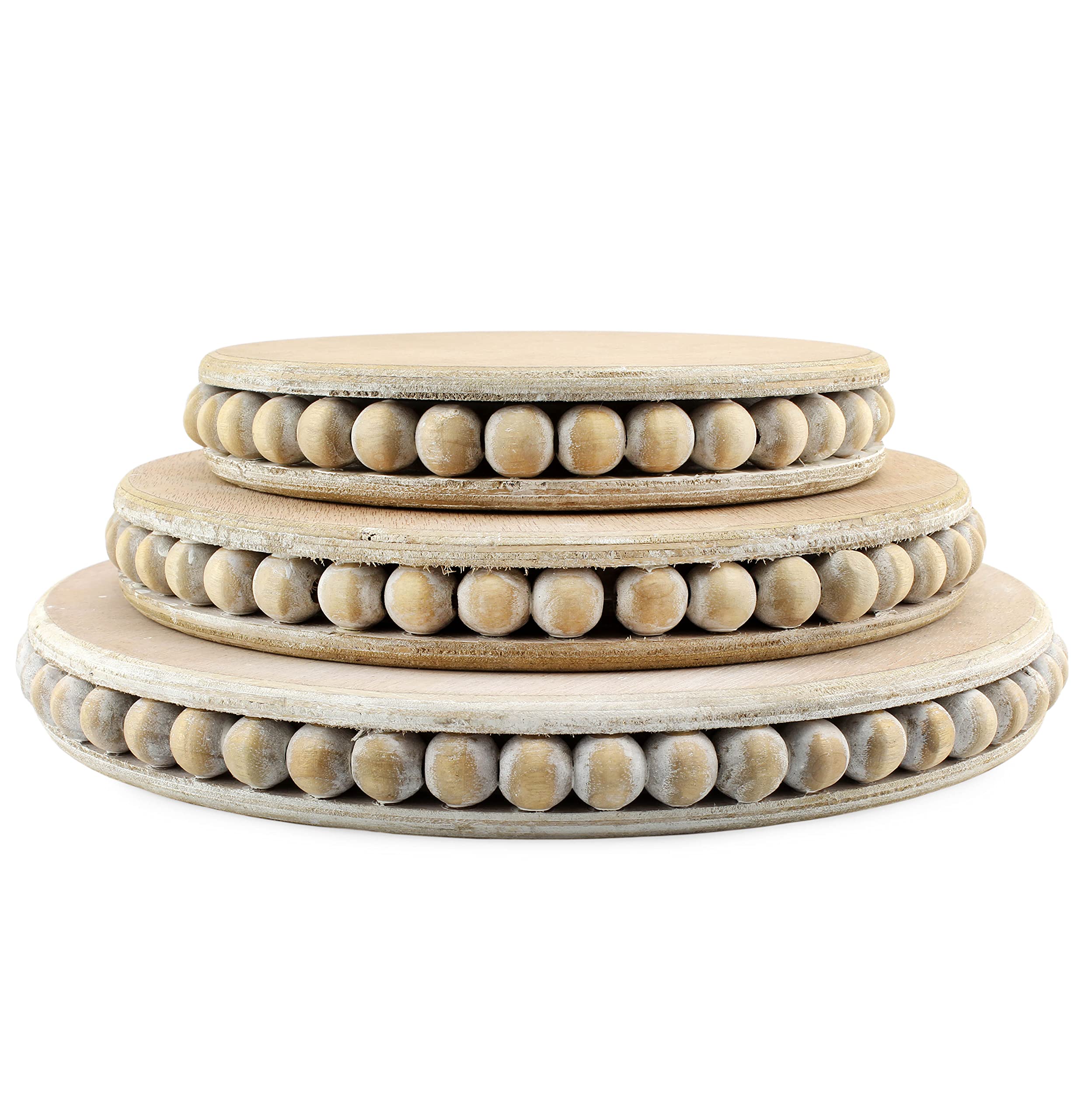 Farmhouse Pedestal Tiered Stand 3 piece Set; Rustic Beaded Tray Stack - Picture 13 of 23