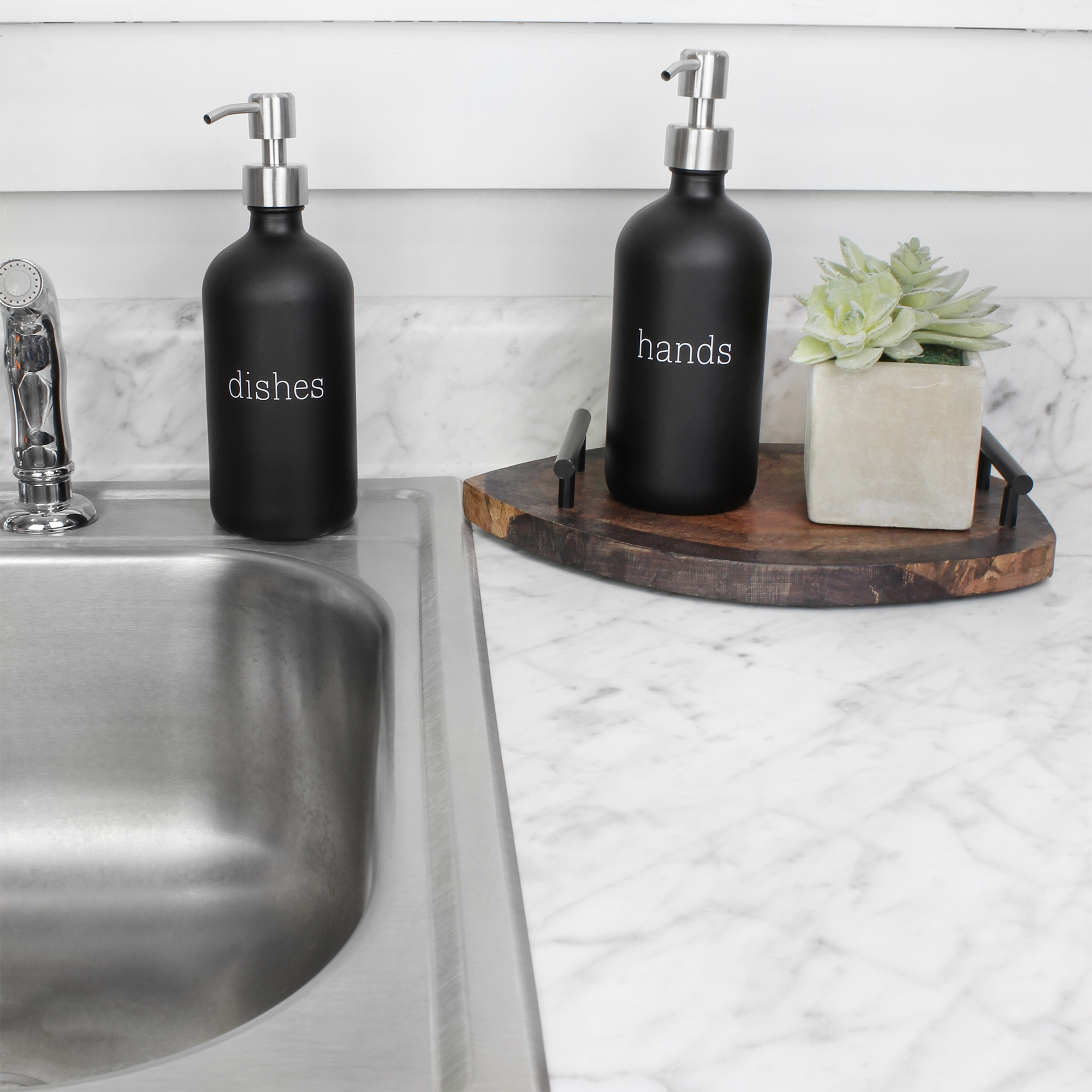 16oz Hands Dishes Pump Bottles 2pc Set; Glass Soap Dispensers for Kitchen - Picture 16 of 34