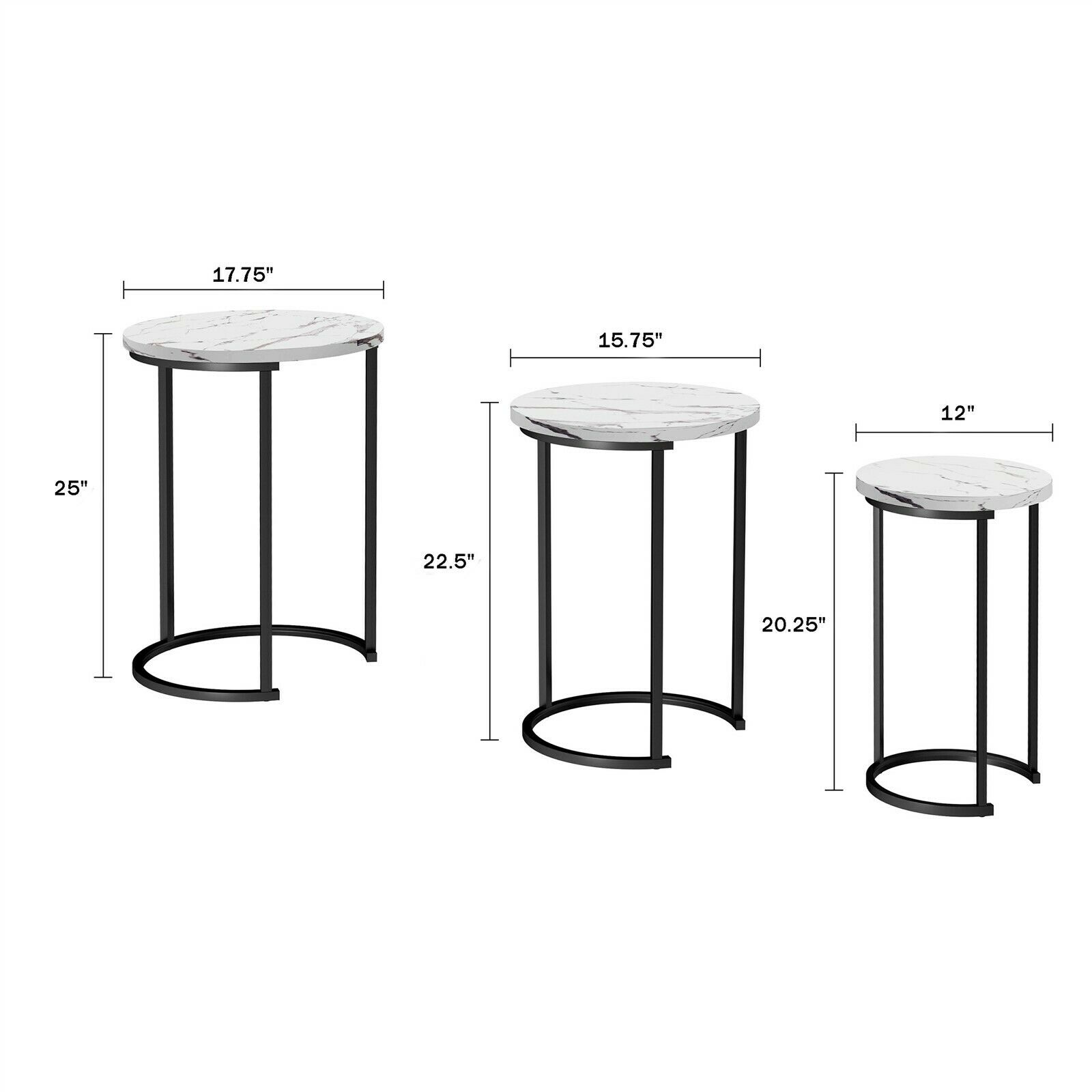 Set of 3 Tables Metal Legs Faux Marble Round End Tables Accent Home Decor - Picture 7 of 7