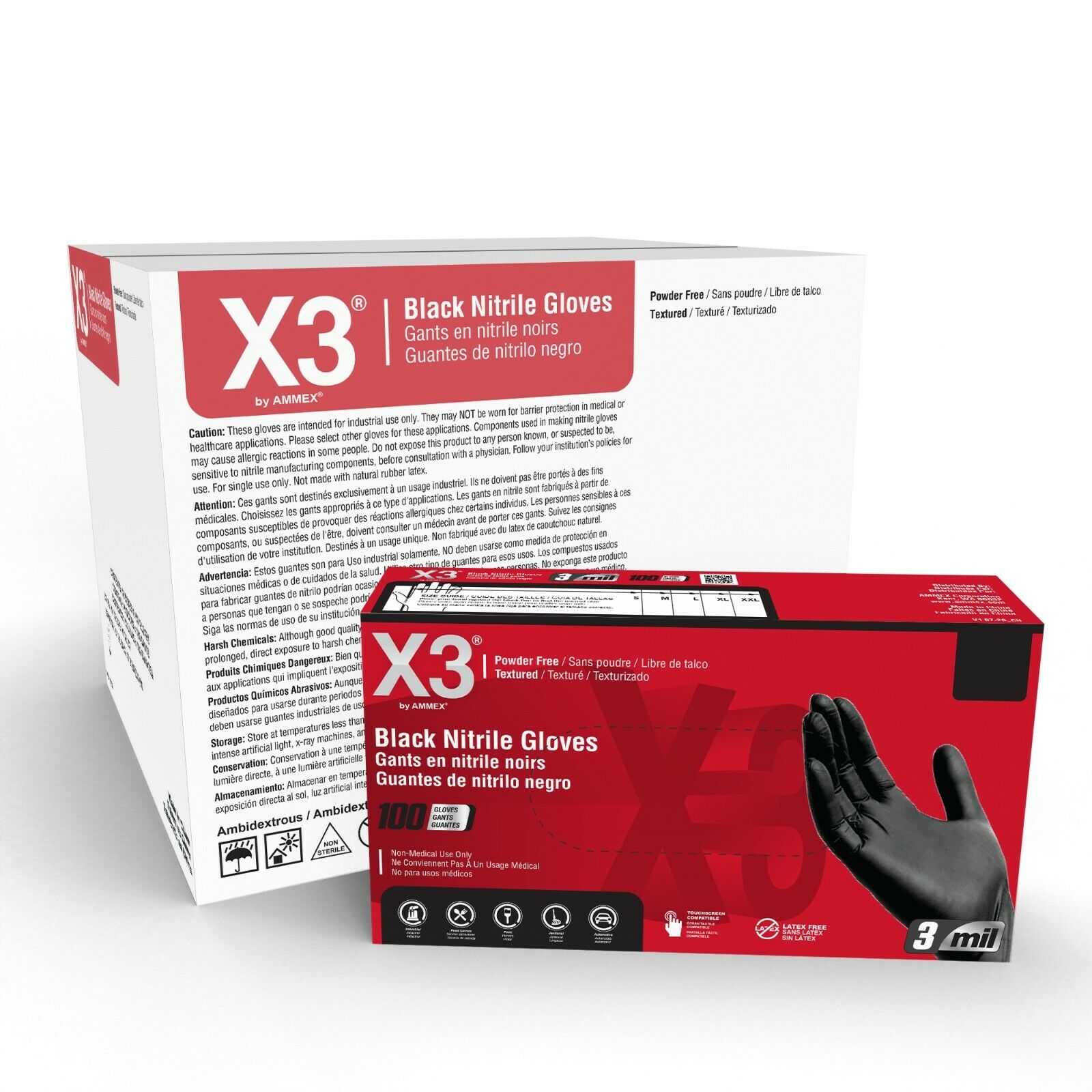 X3 Black Nitrile Light Industrial Disposable Gloves 3 Mil, Latex Free, - Picture 1 of 9