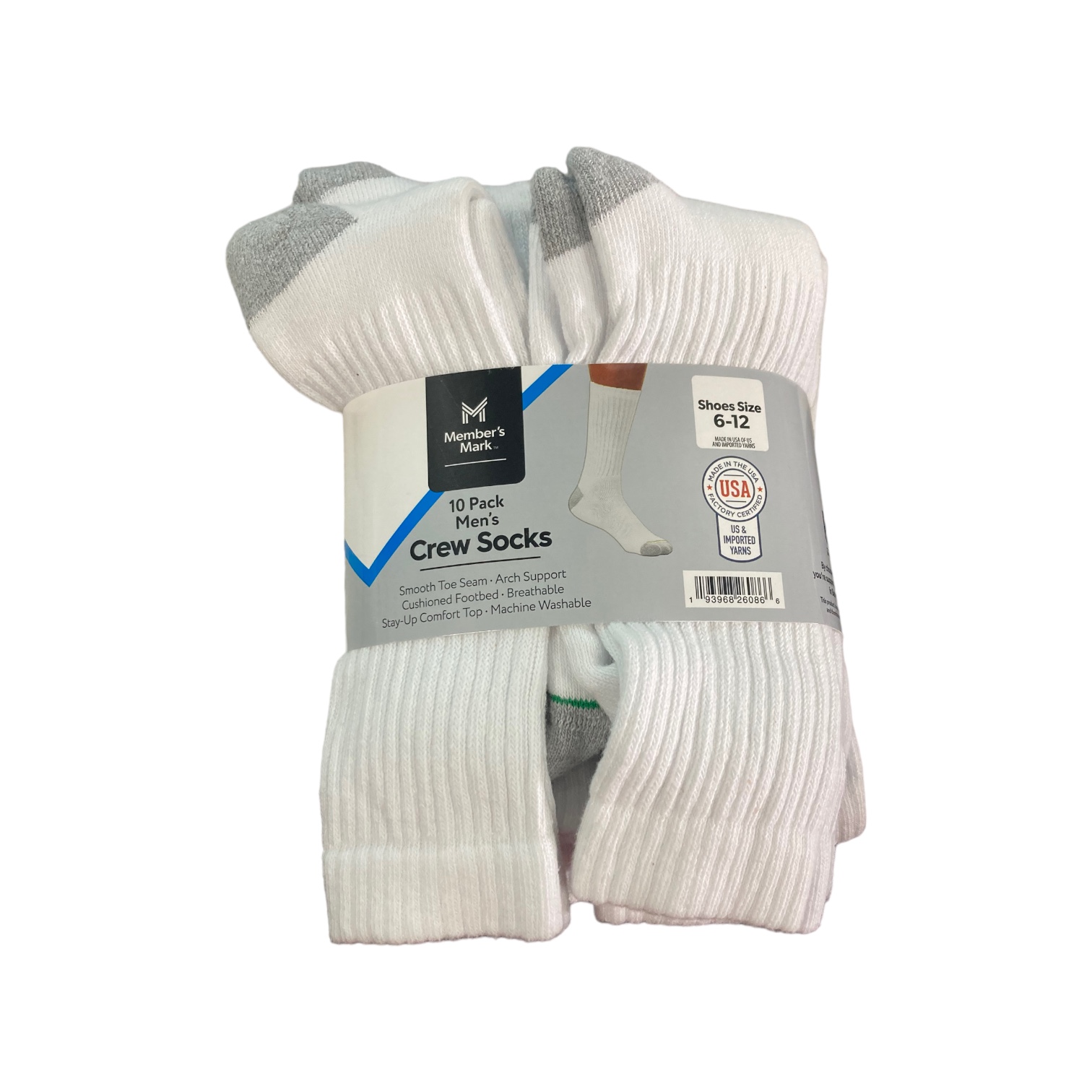 Мужские носки Members Mark из 10 упаковок с усиленной пяткой и носком Stay-Up Comfort Crew Socks 4390₽