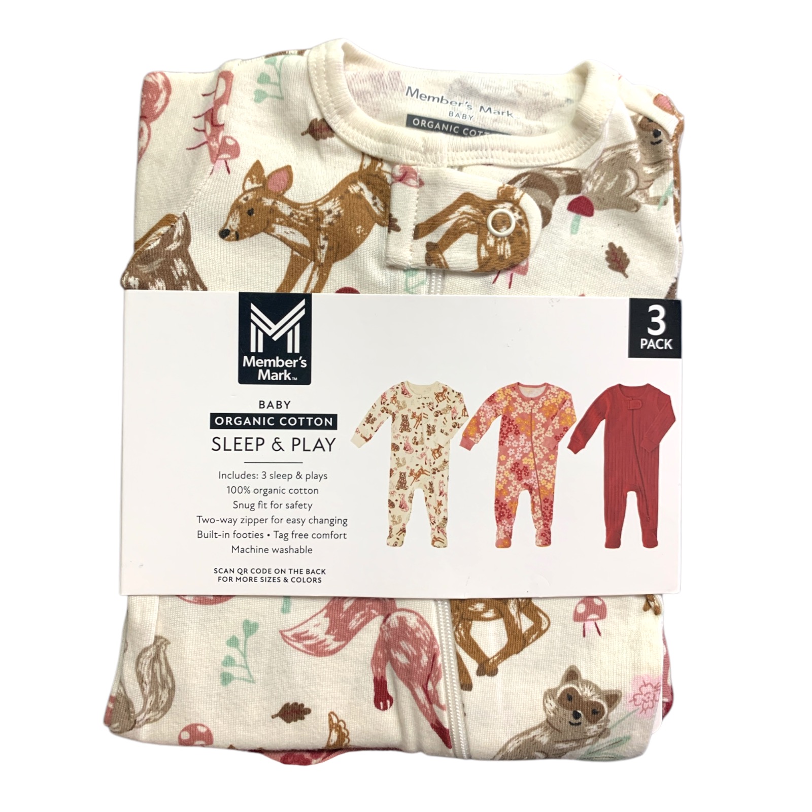 Member’s Mark Organic Cotton Sleep and Play 3 Pack, Snug Fit with Footies