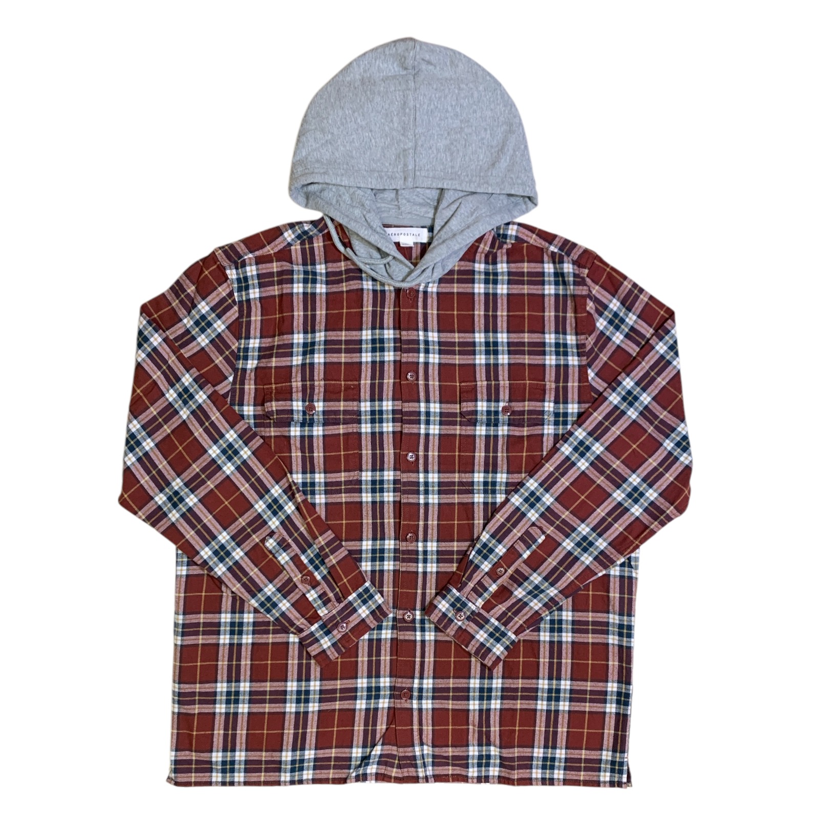 Aeropostale Mens Flannel Hoodie Long Sleeve Button Down with Chest Pockets 4390₽