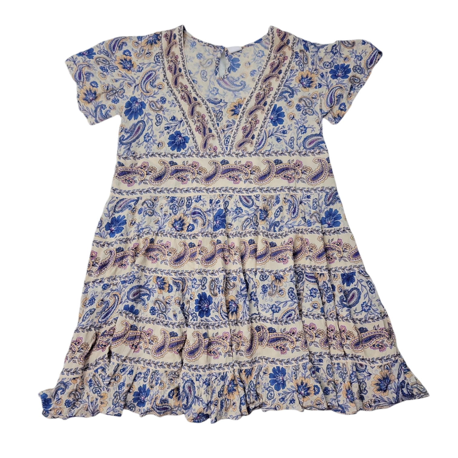 Bila Women's Soft Short Swingy Crepe Tiered Floral Paisley Dress, M2628F - Picture 9 of 16