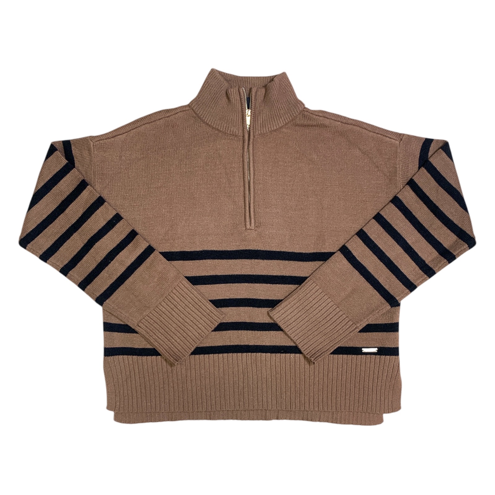 DKNY Women's Brown with Black Long Sleeve Quarter-Zip Sweater