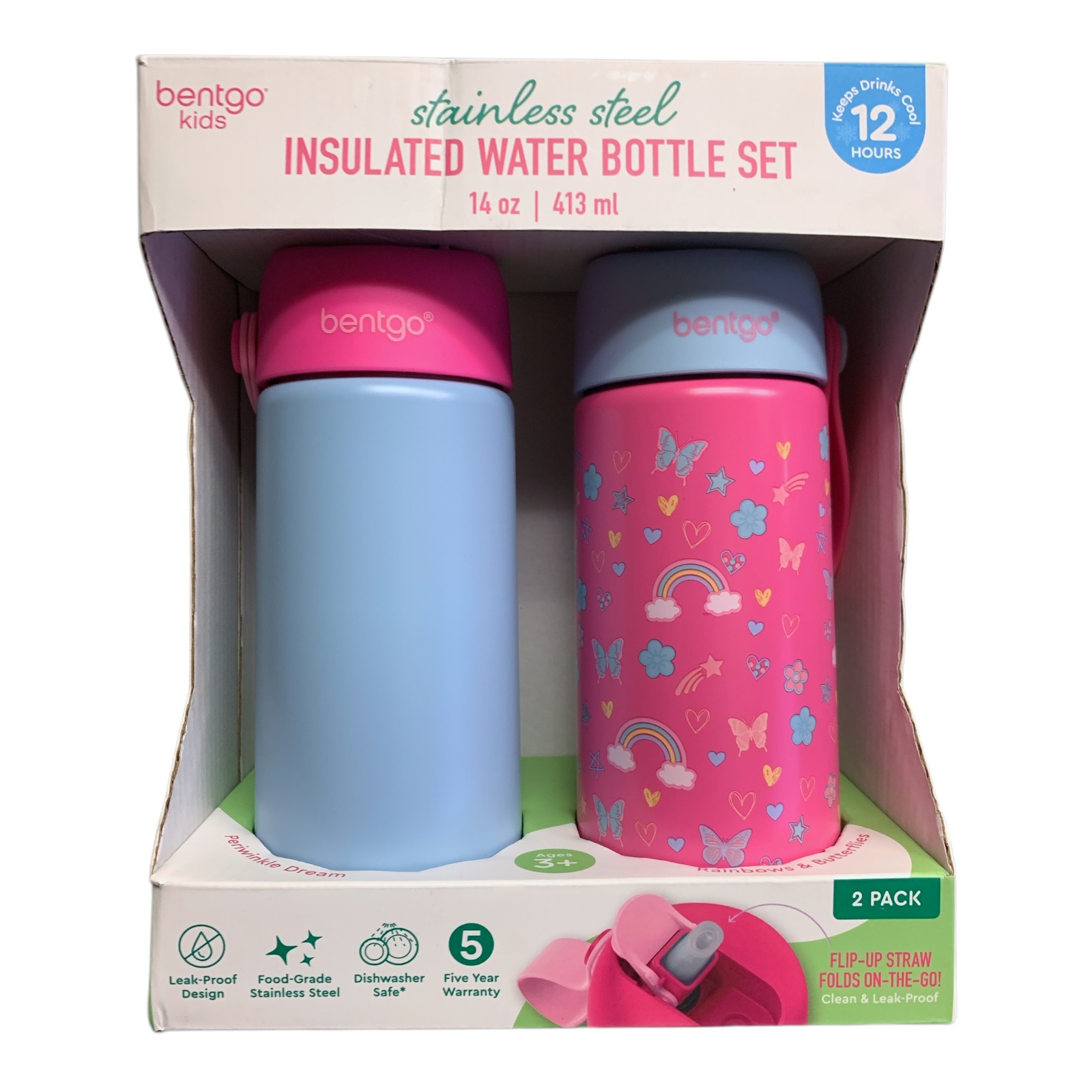 Bentgo Kids Stainless Steel Insulated Water Bottle Set, 14oz