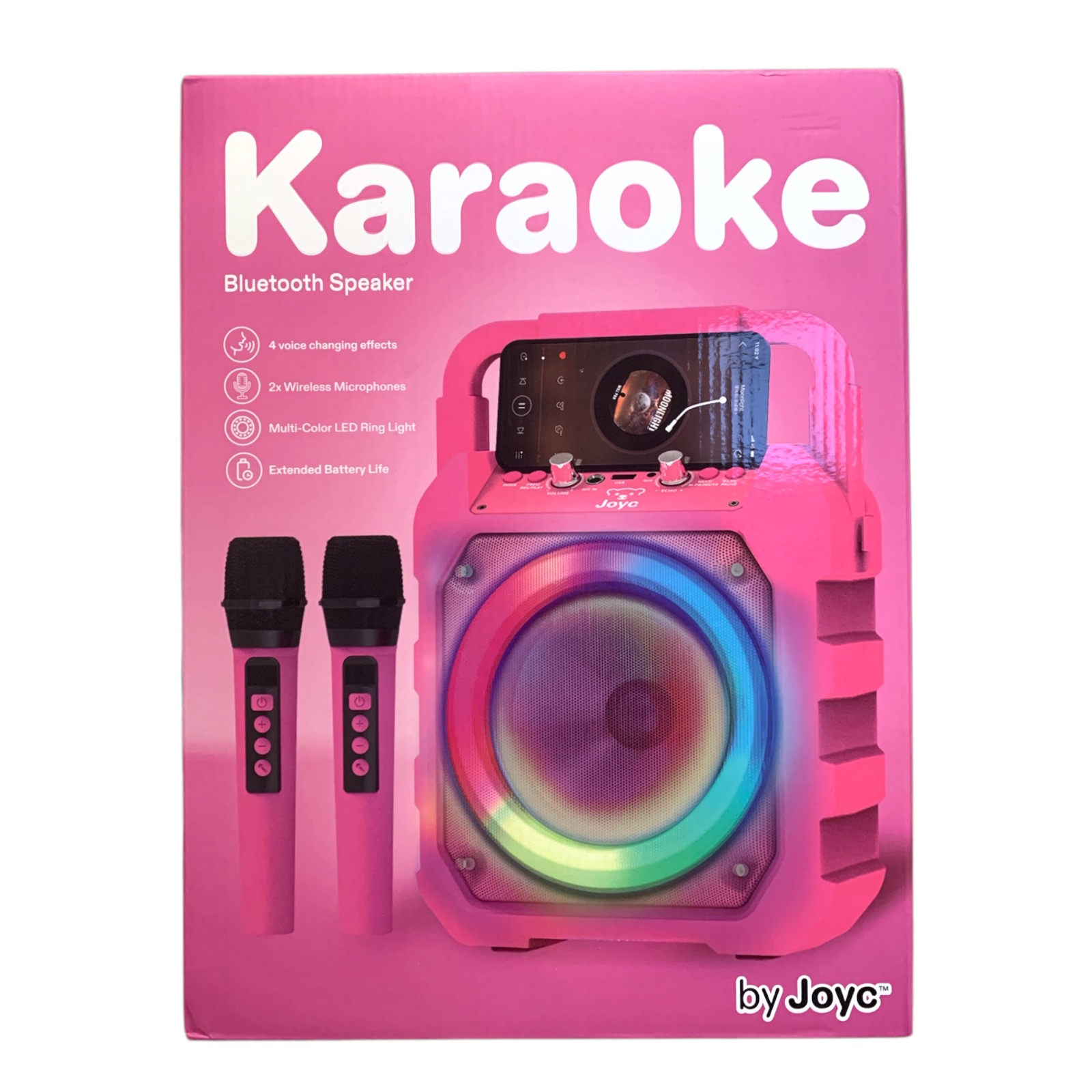 Joyc Karaoke Bluetooth Speaker with 2 Wireless Microphones and LED Ring Light