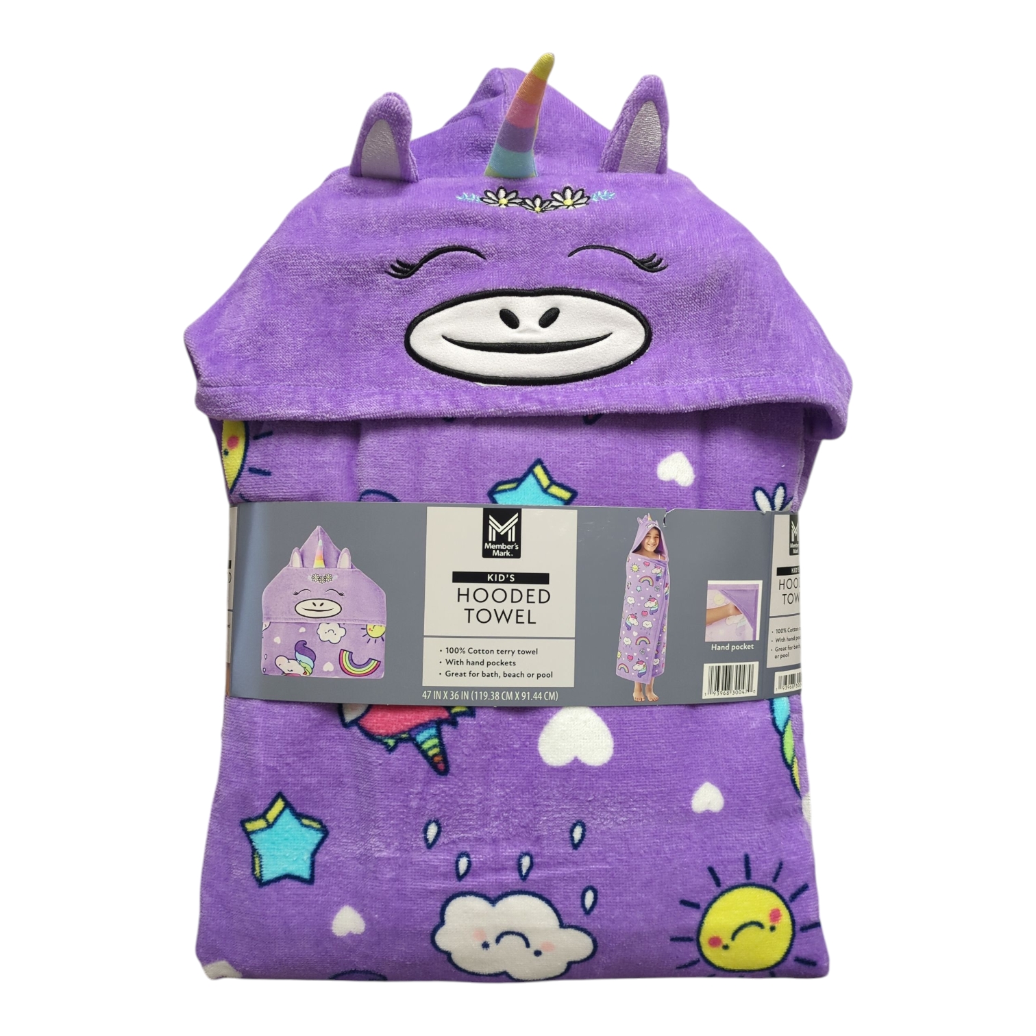 Member's Mark Kids 100% Cotton Terry Cloth Hooded Towel With Hand Pockets