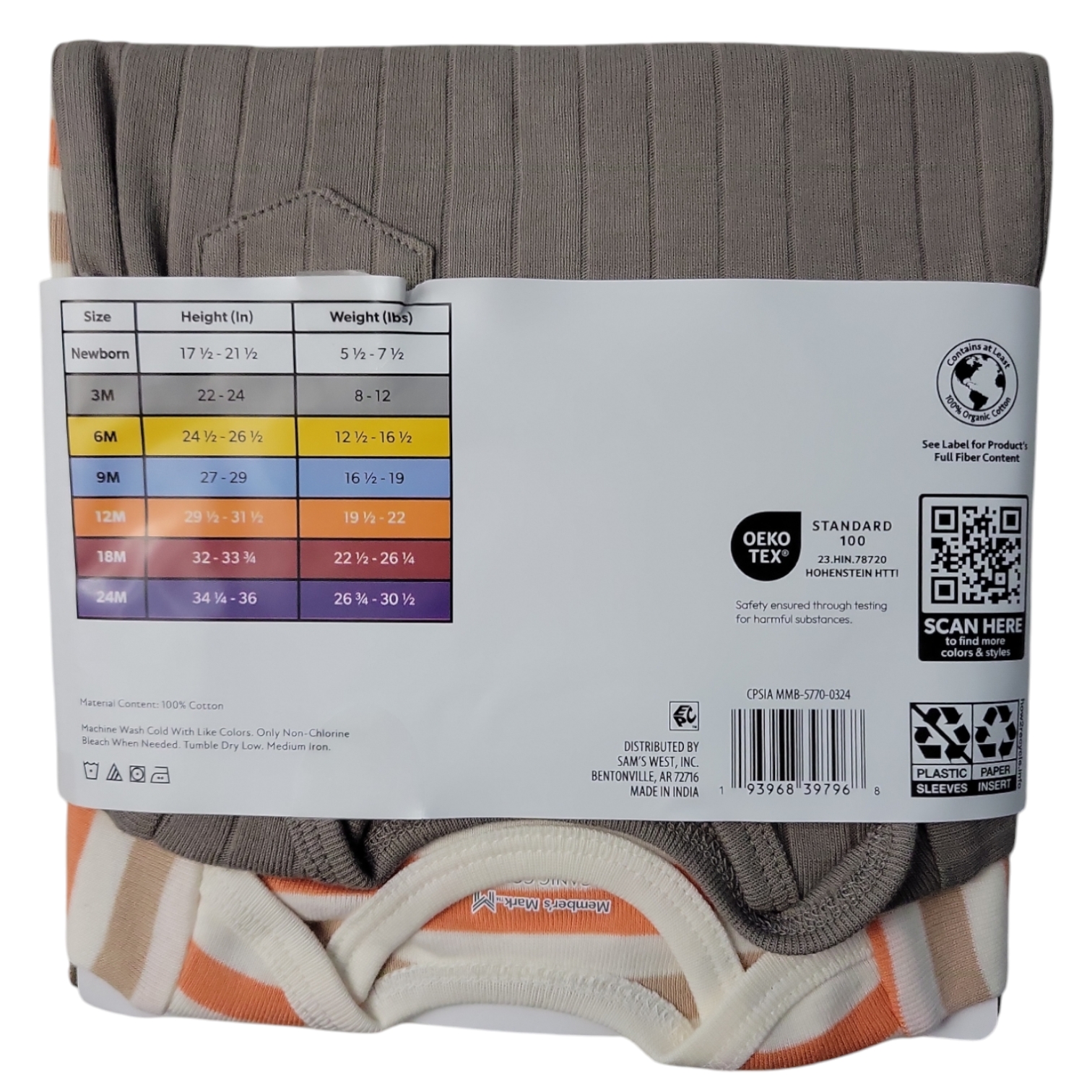 Member's Mark Baby 4-Pack Long Sleeve Organic Cotton Bodysuit