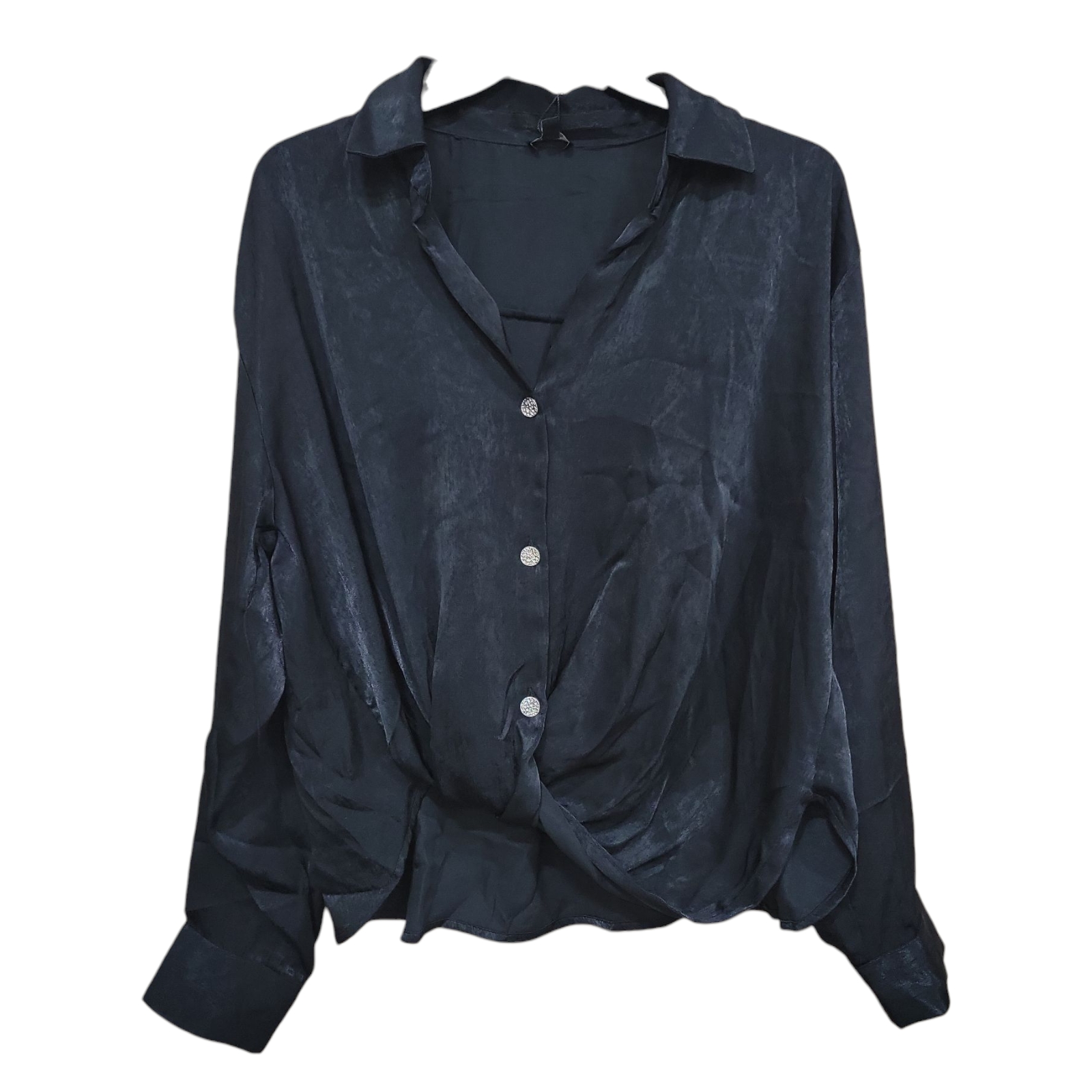 Express Women&rsquo;s Relaxed Fit Smooth Satin V-Neck Long Sleeve Shirt