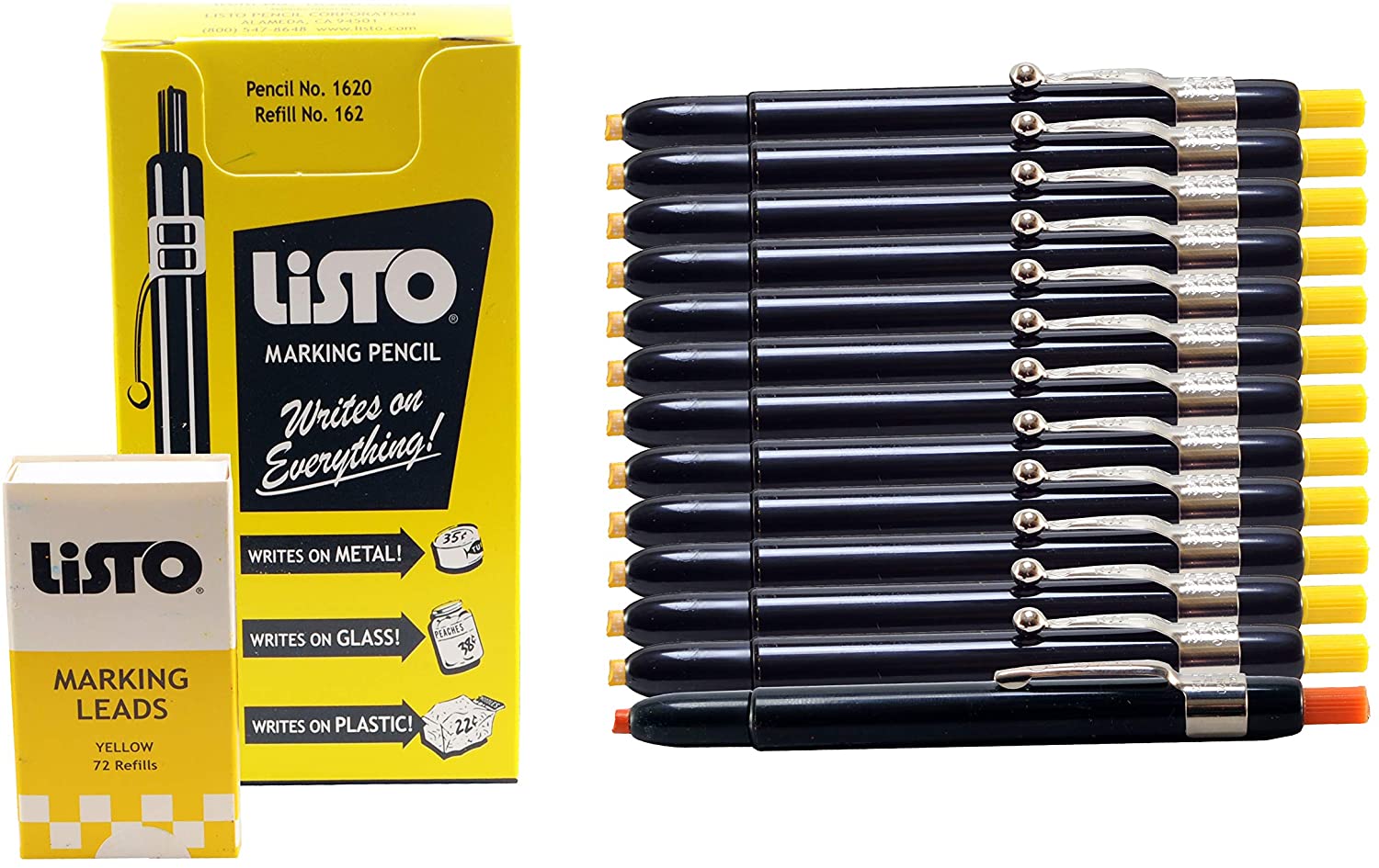 Listo 1620 and 162 Marking Pencils Kit -  12 Yellow Pencils and 72 Refill Leads