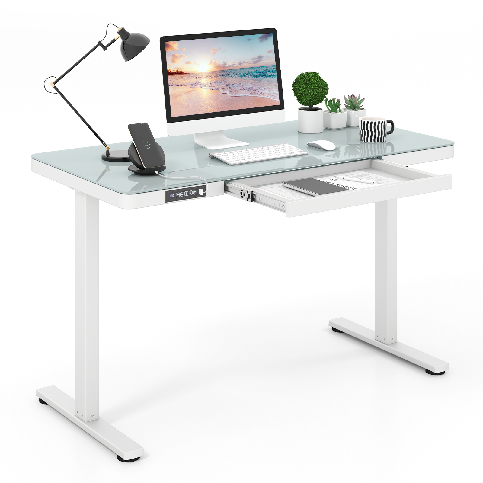 120x60cm Electric Standing Desk w/ Drawer & Tempered Glass Top Home Office - Picture 10 of 18