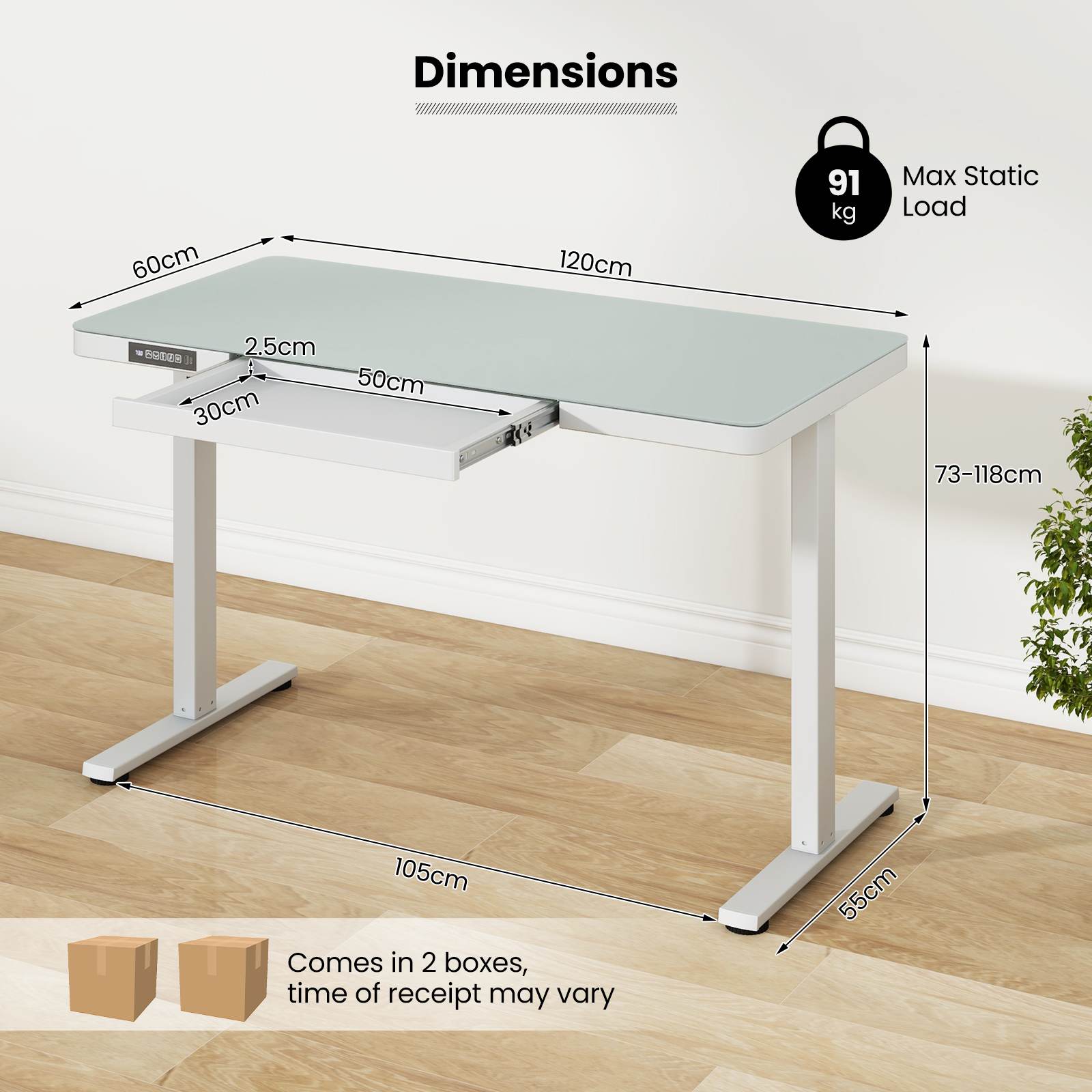 120x60cm Electric Standing Desk w/ Drawer & Tempered Glass Top Home Office - Picture 11 of 18