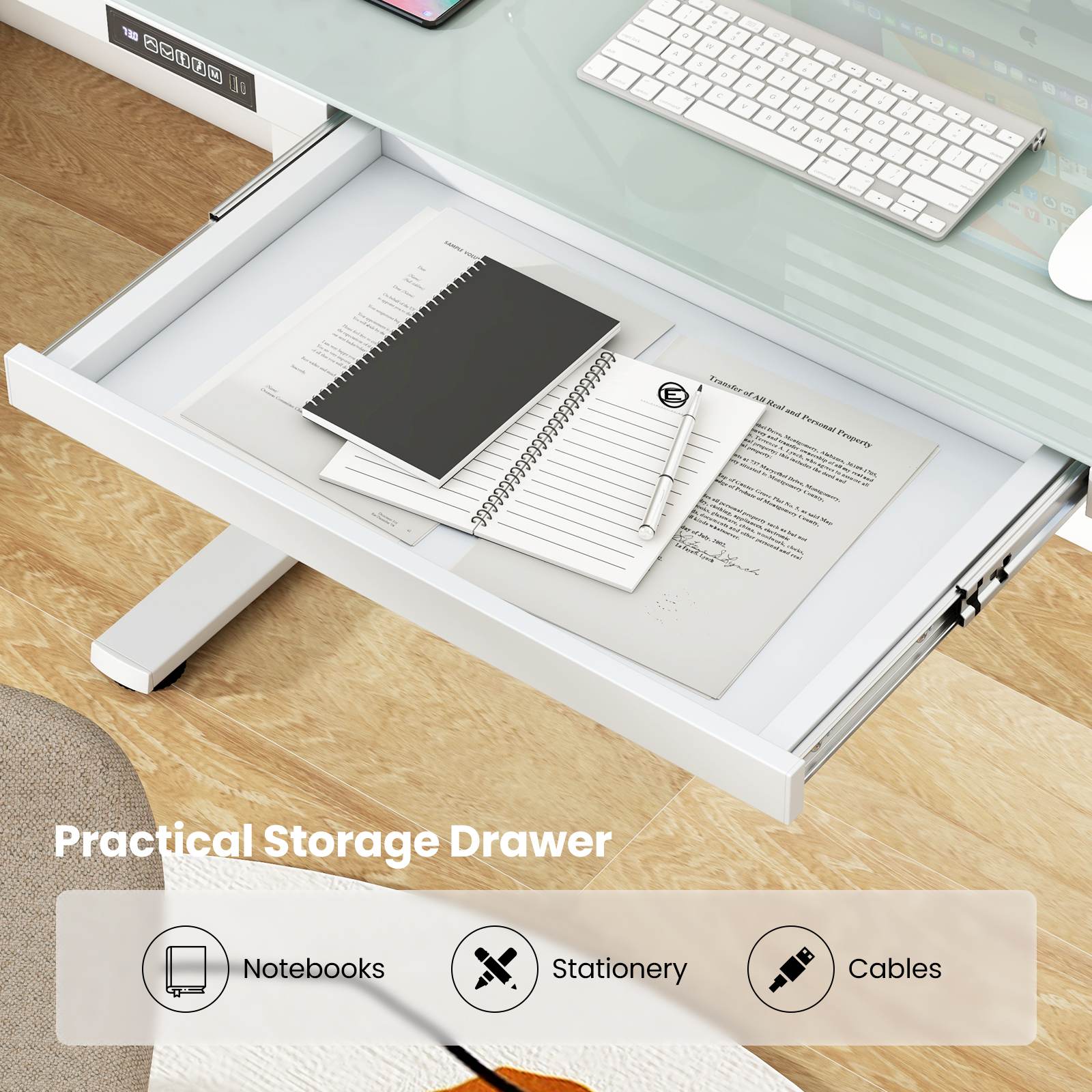 120x60cm Electric Standing Desk w/ Drawer & Tempered Glass Top Home Office - Picture 14 of 18