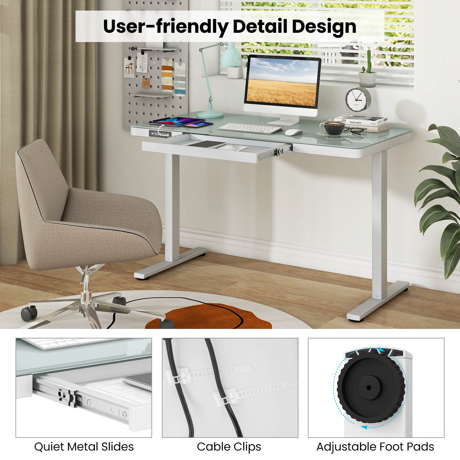 120x60cm Electric Standing Desk w/ Drawer & Tempered Glass Top Home Office - Picture 18 of 18