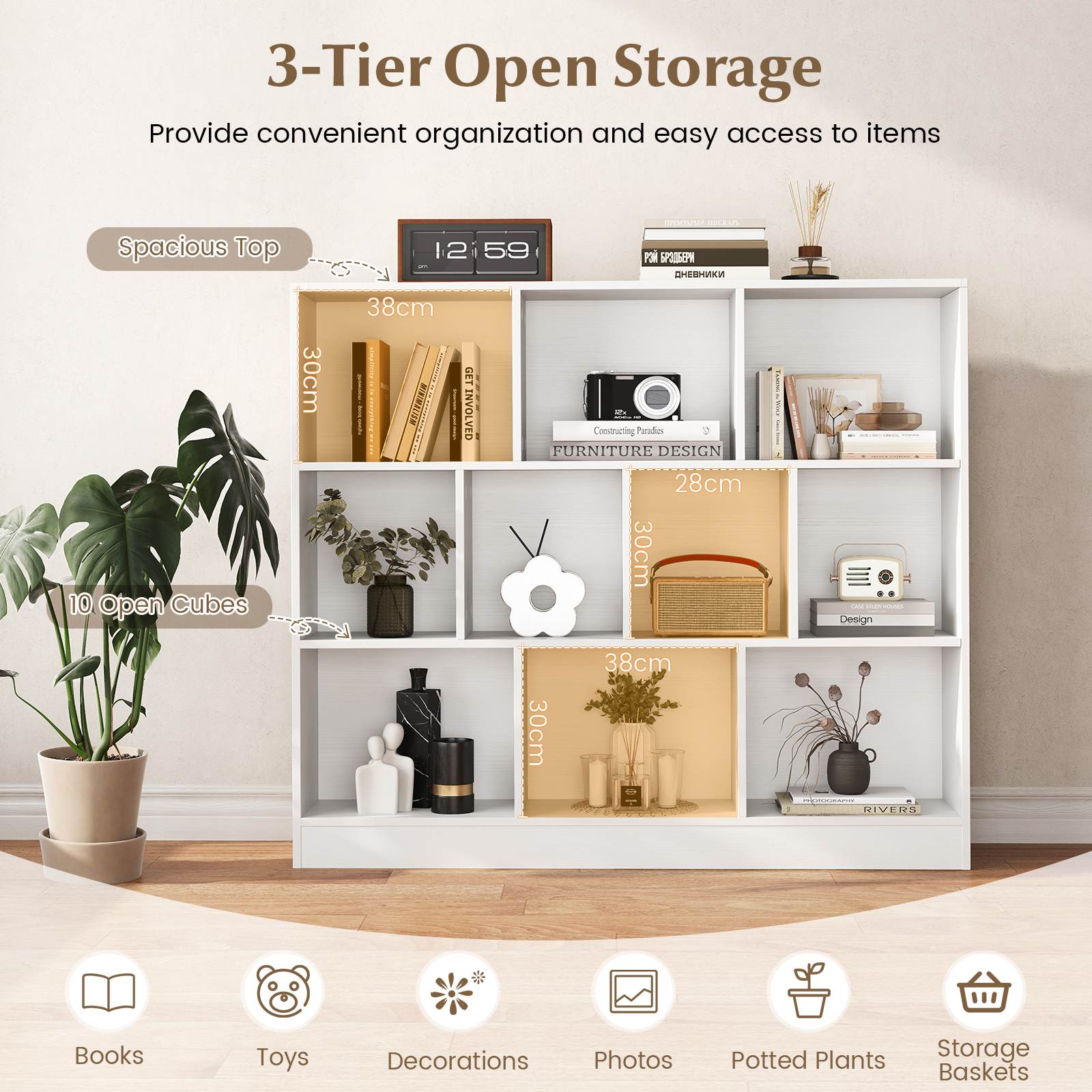 8/10-Cube 3-Tier Bookshelf Storage Organizer Wood Display Shelf Living Room - Picture 37 of 50