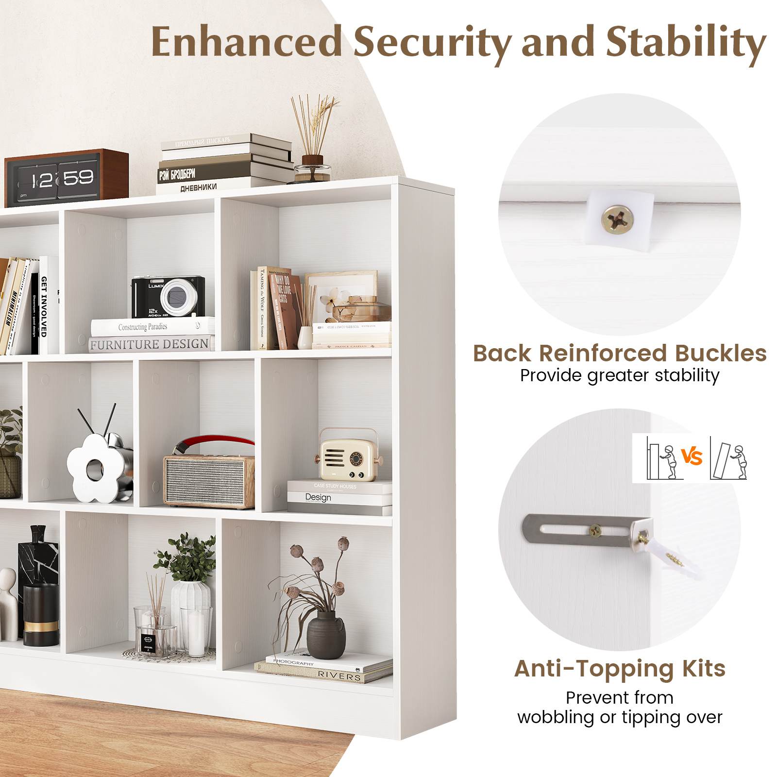 8/10-Cube 3-Tier Bookshelf Storage Organizer Wood Display Shelf Living Room - Picture 38 of 50