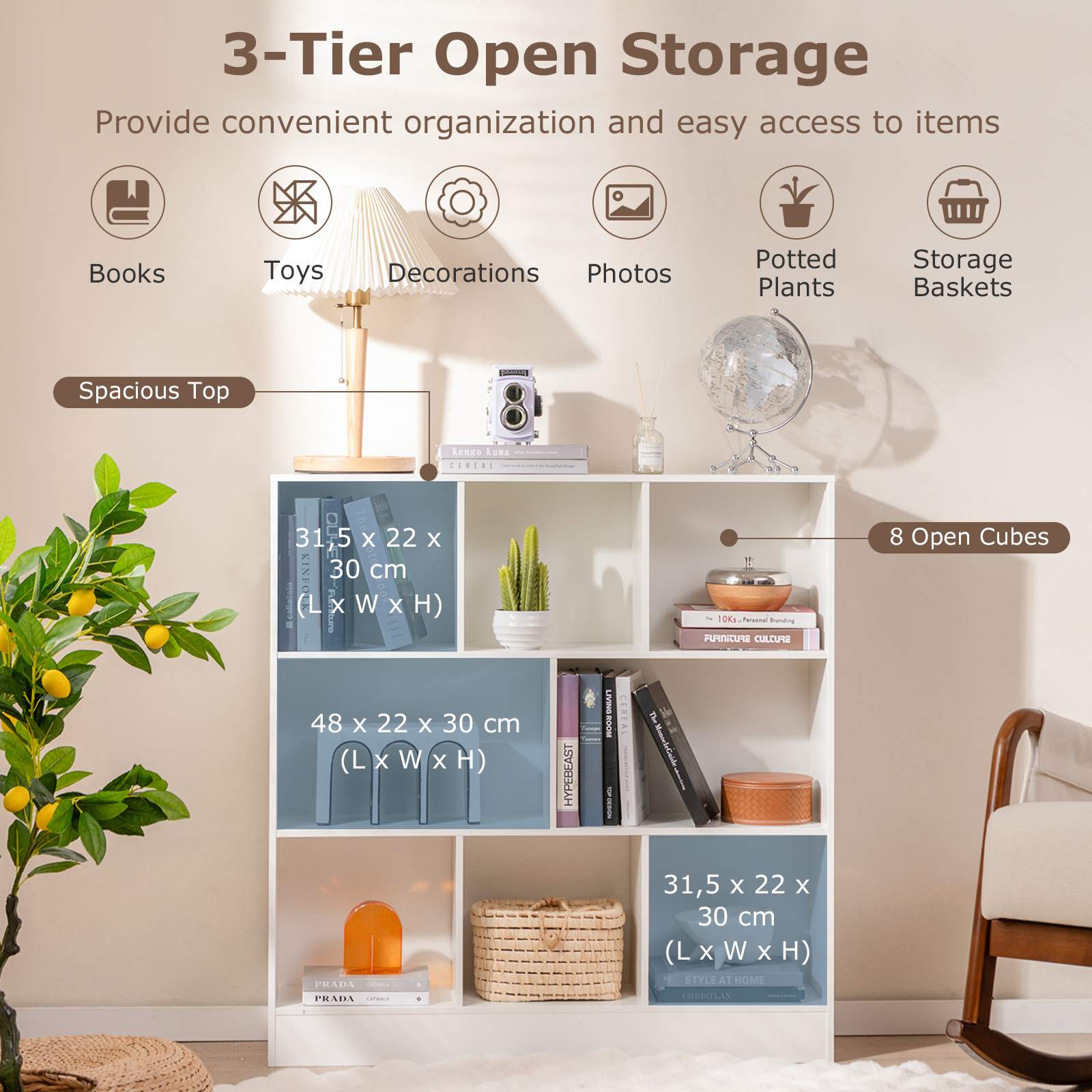 8/10-Cube 3-Tier Bookshelf Storage Organizer Wood Display Shelf Living Room - Picture 28 of 50