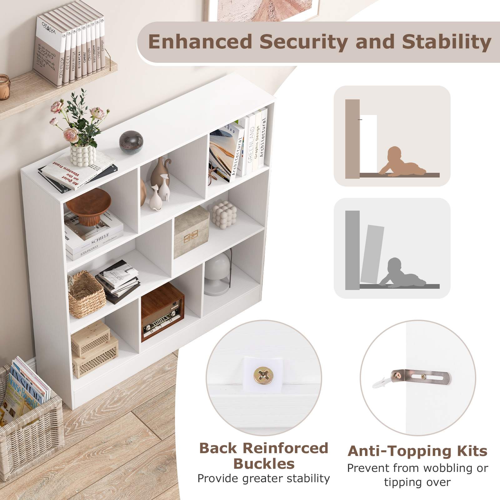8/10-Cube 3-Tier Bookshelf Storage Organizer Wood Display Shelf Living Room - Picture 29 of 50
