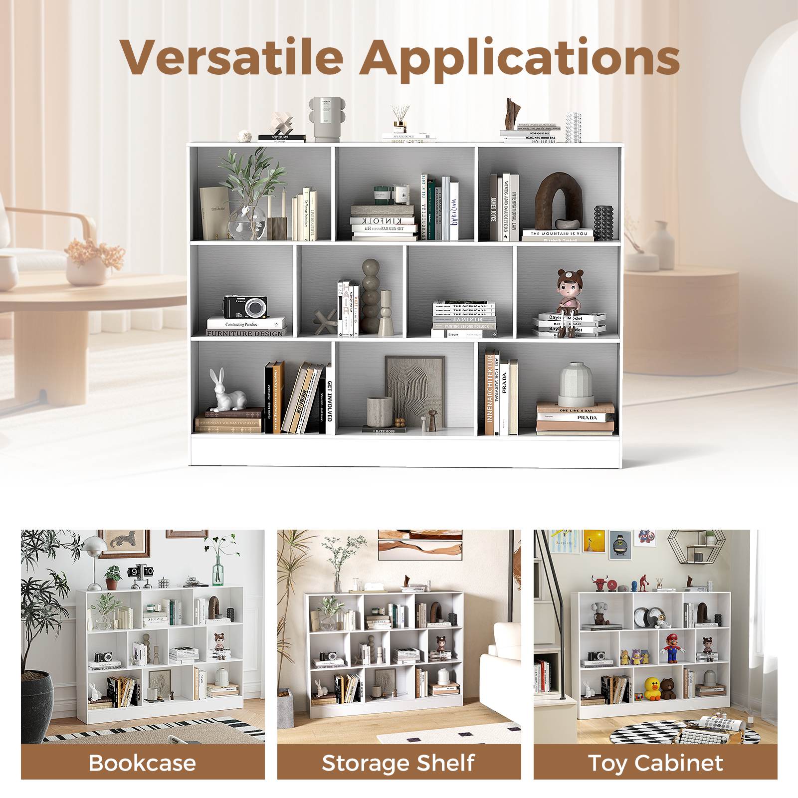 8/10-Cube 3-Tier Bookshelf Storage Organizer Wood Display Shelf Living Room - Picture 47 of 50