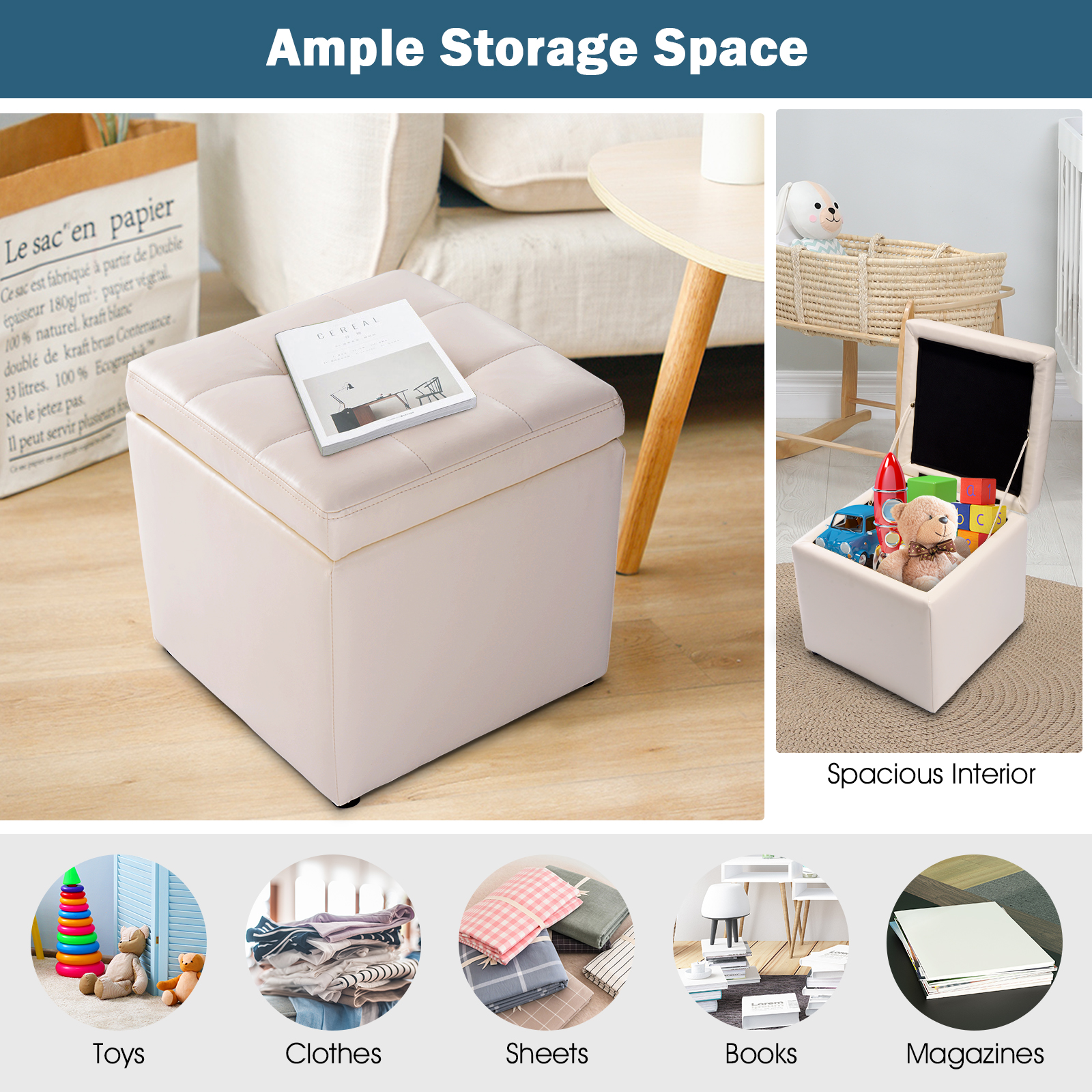 Giantex Cube Storage Ottoman Pouf Storage Box Seat Footstool PU Leather 40cm - Picture 16 of 33