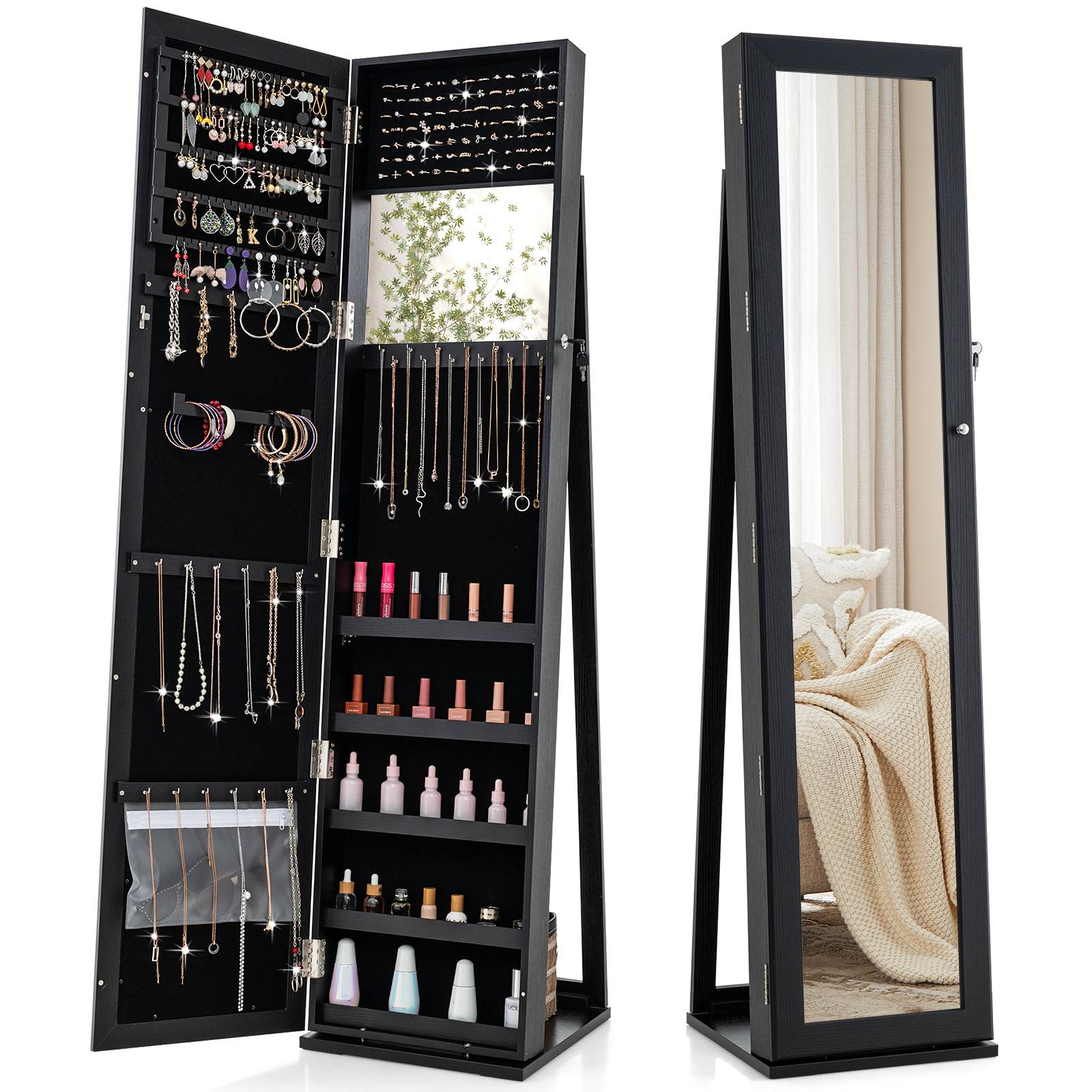 Giantex Mirrored Jewelry Cabinet Armoire Lockable Standing Storage Organizer - Picture 20 of 30