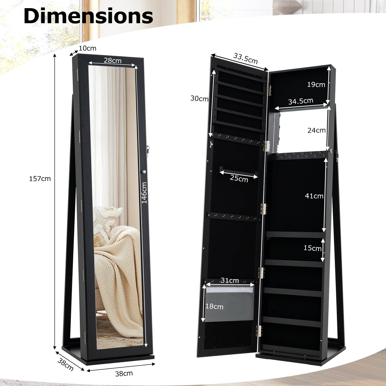 Giantex Mirrored Jewelry Cabinet Armoire Lockable Standing Storage Organizer - Picture 12 of 30