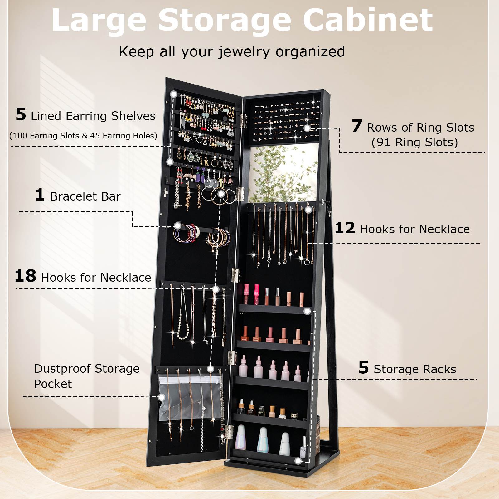 Giantex Mirrored Jewelry Cabinet Armoire Lockable Standing Storage Organizer - Picture 13 of 30